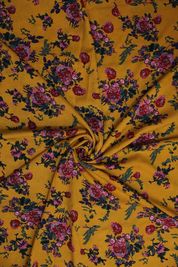 Mustard Yellow Floral Small Width Crepe Fabric