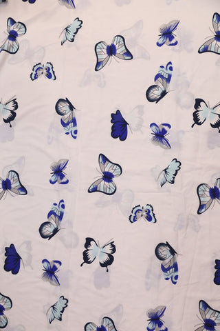 White And Blue Butterfly Small Width Crepe Fabric