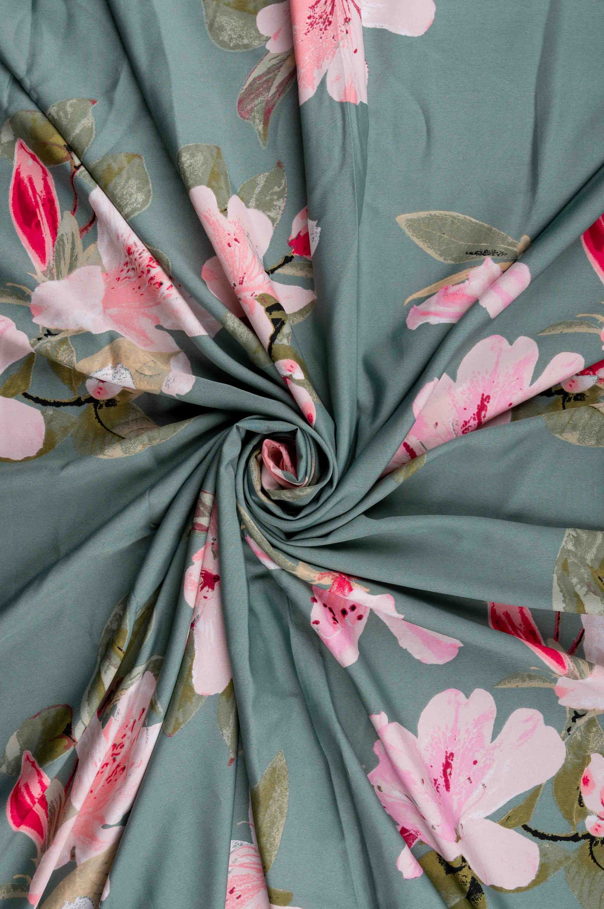 Pastel Green Floral Big width Crepe Fabric