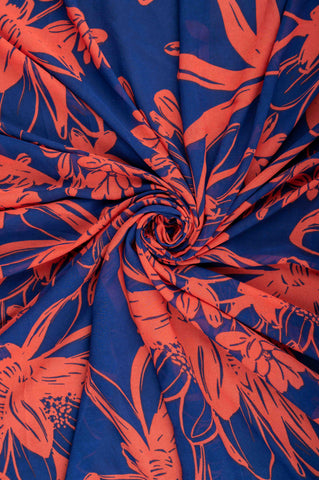 Red and Navy Blue Floral Normal Width Georgette Fabric