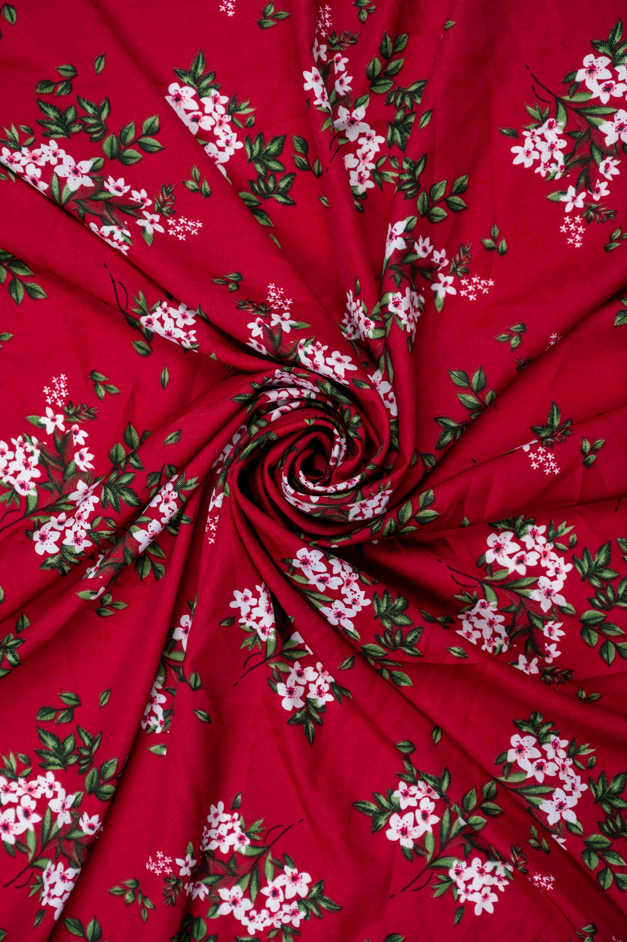 Maroon Floral Small Width Crepe Fabric