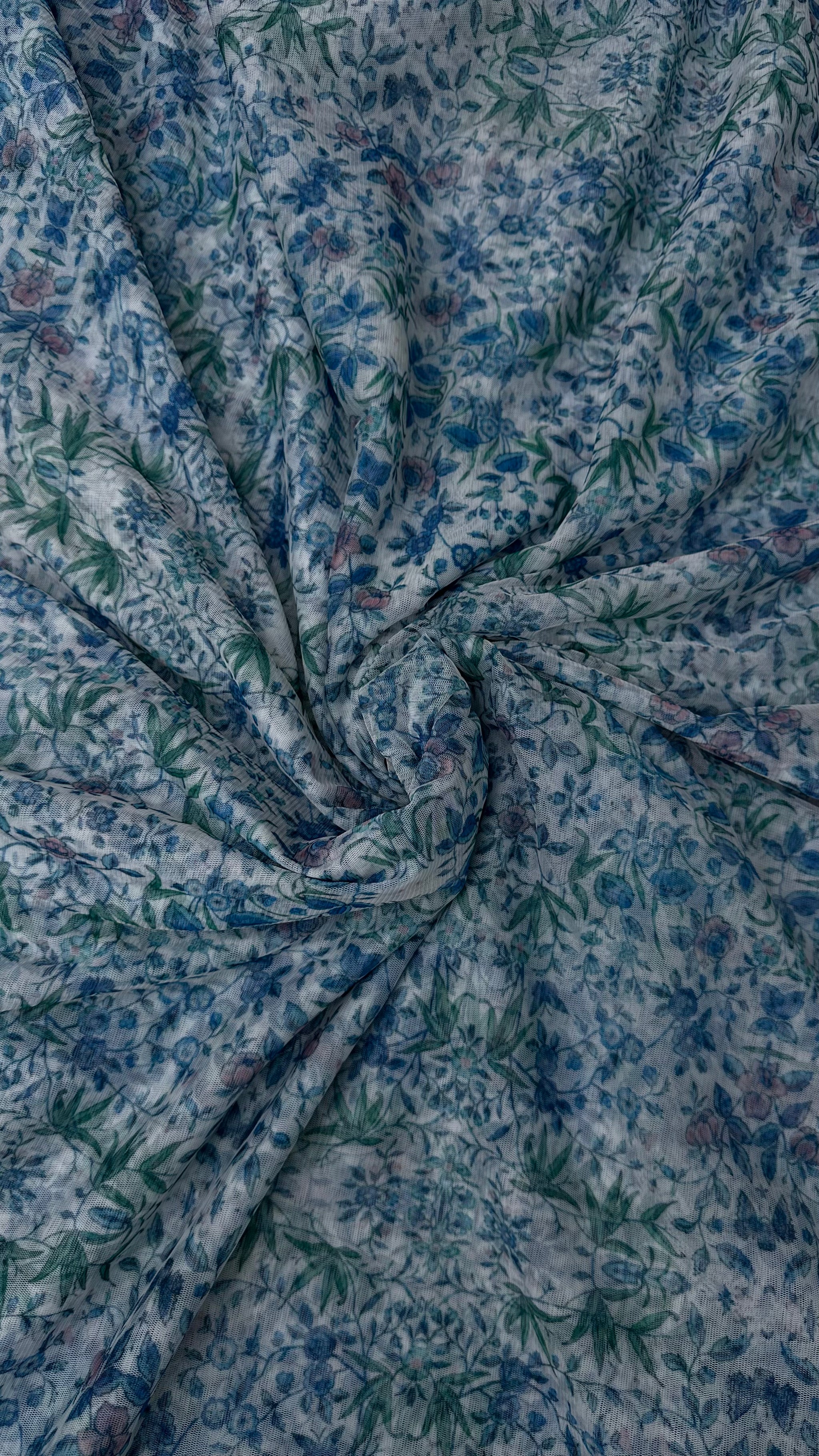 White With Blue Multi Colour Floral Print Big Width Net Fabric
