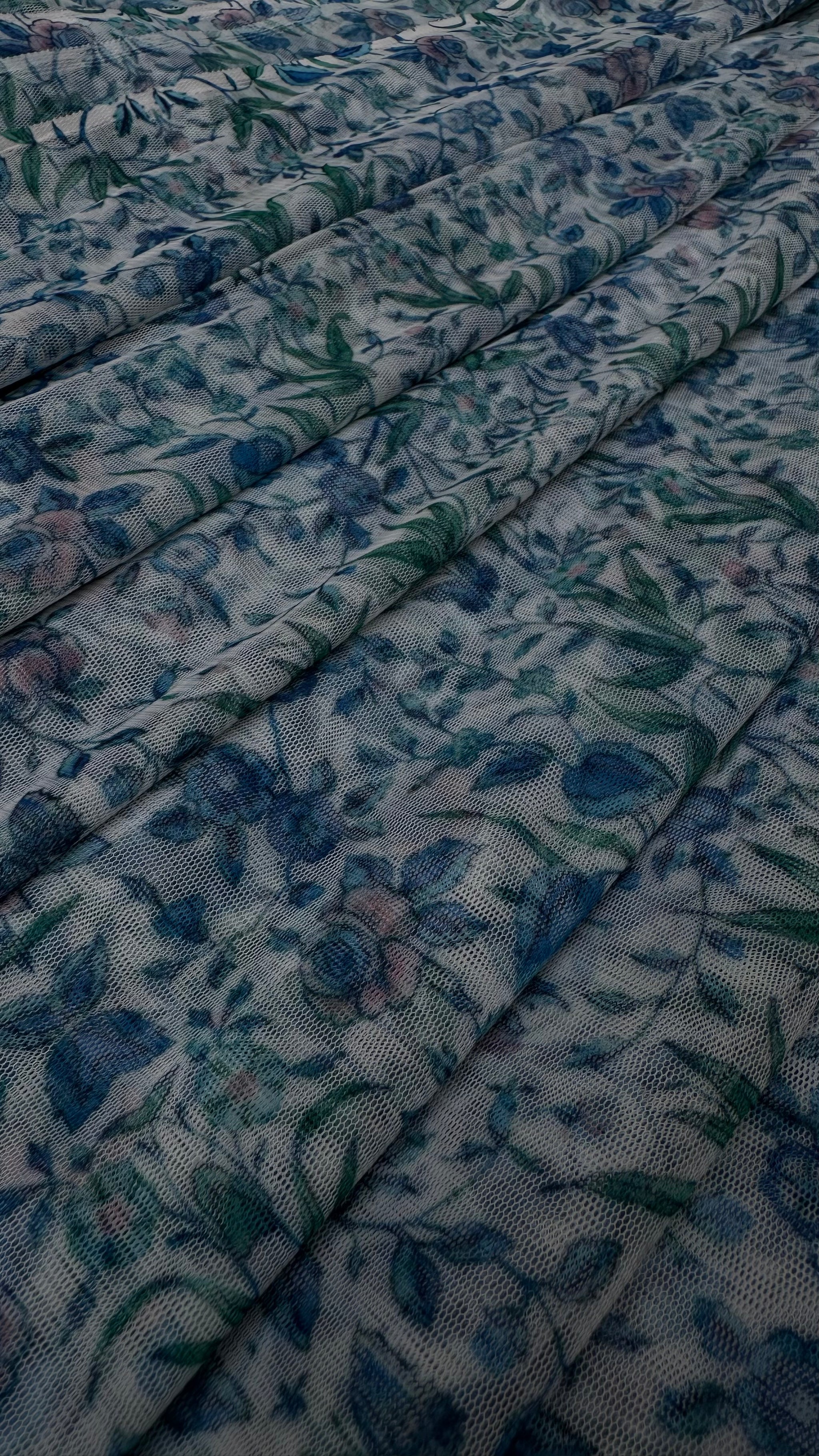 White With Blue Multi Colour Floral Print Big Width Net Fabric