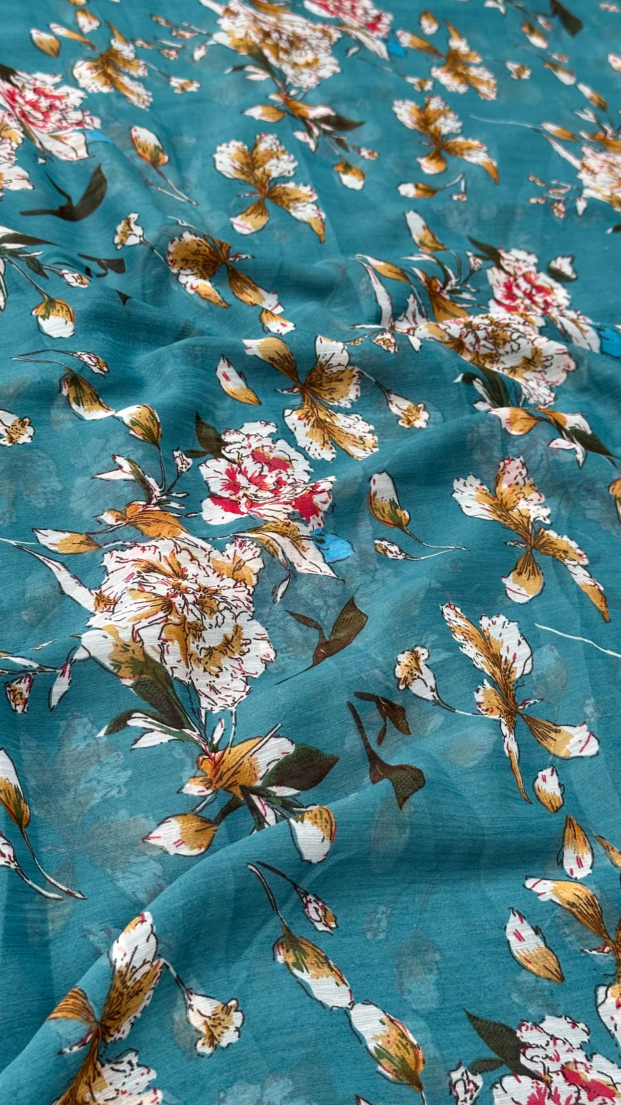 Turquoise Blue With Multicolour Floral Print Big Width Chiffon Fabric