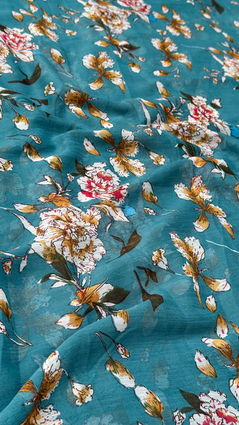 Turquoise Blue With Multicolour Floral Print Big Width Chiffon Fabric