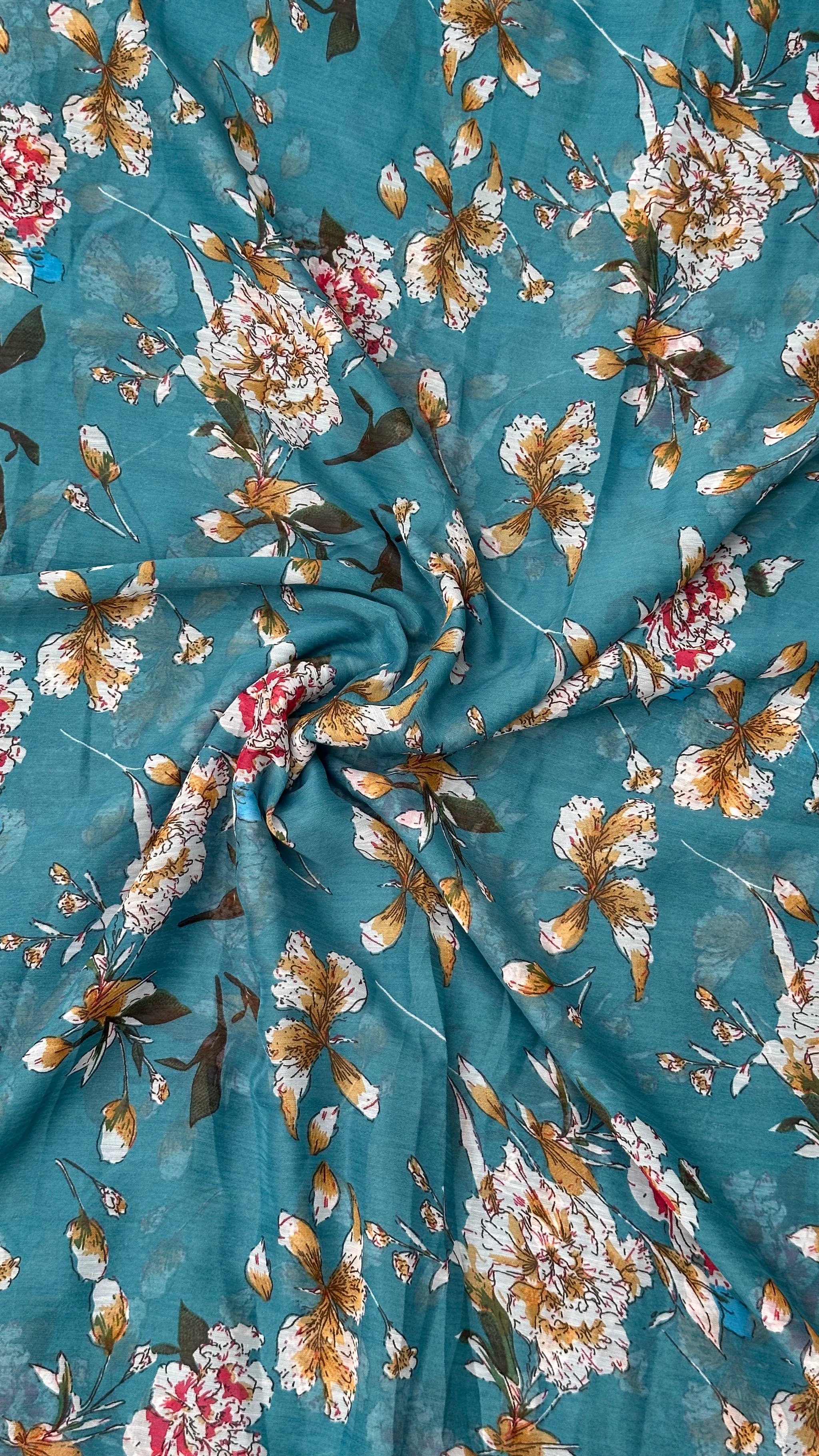 Turquoise Blue With Multicolour Floral Print Big Width Chiffon Fabric
