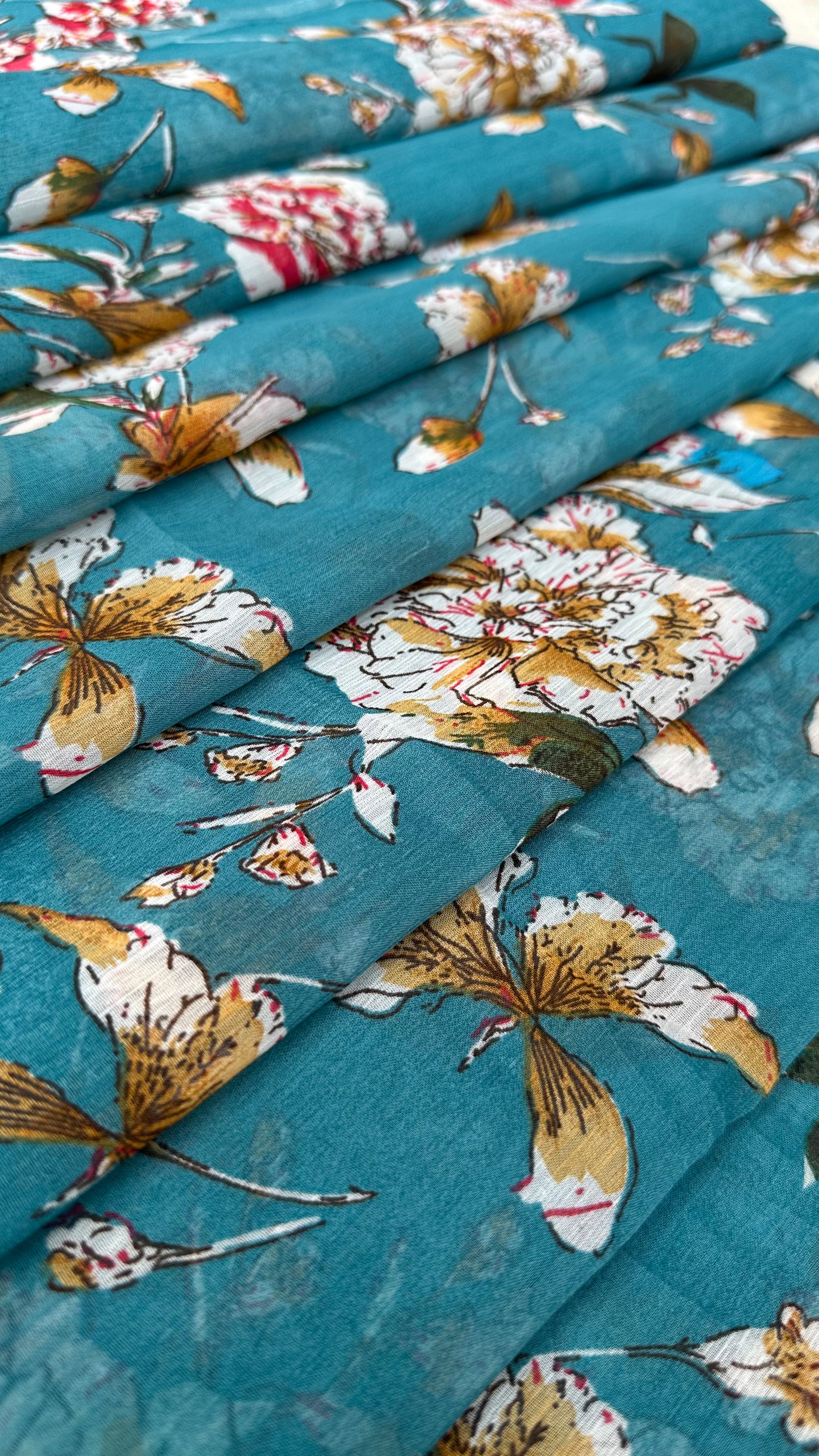 Turquoise Blue With Multicolour Floral Print Big Width Chiffon Fabric
