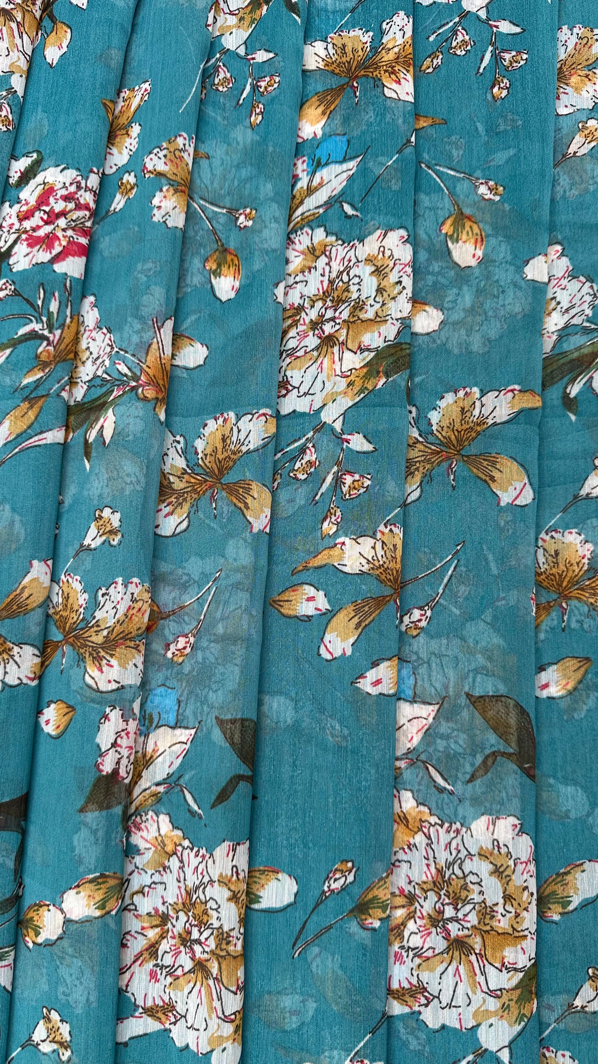 Turquoise Blue With Multicolour Floral Print Big Width Chiffon Fabric