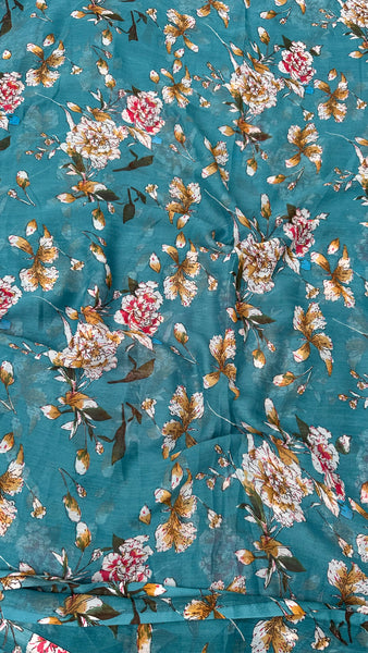 Turquoise Blue With Multicolour Floral Print Big Width Chiffon Fabric
