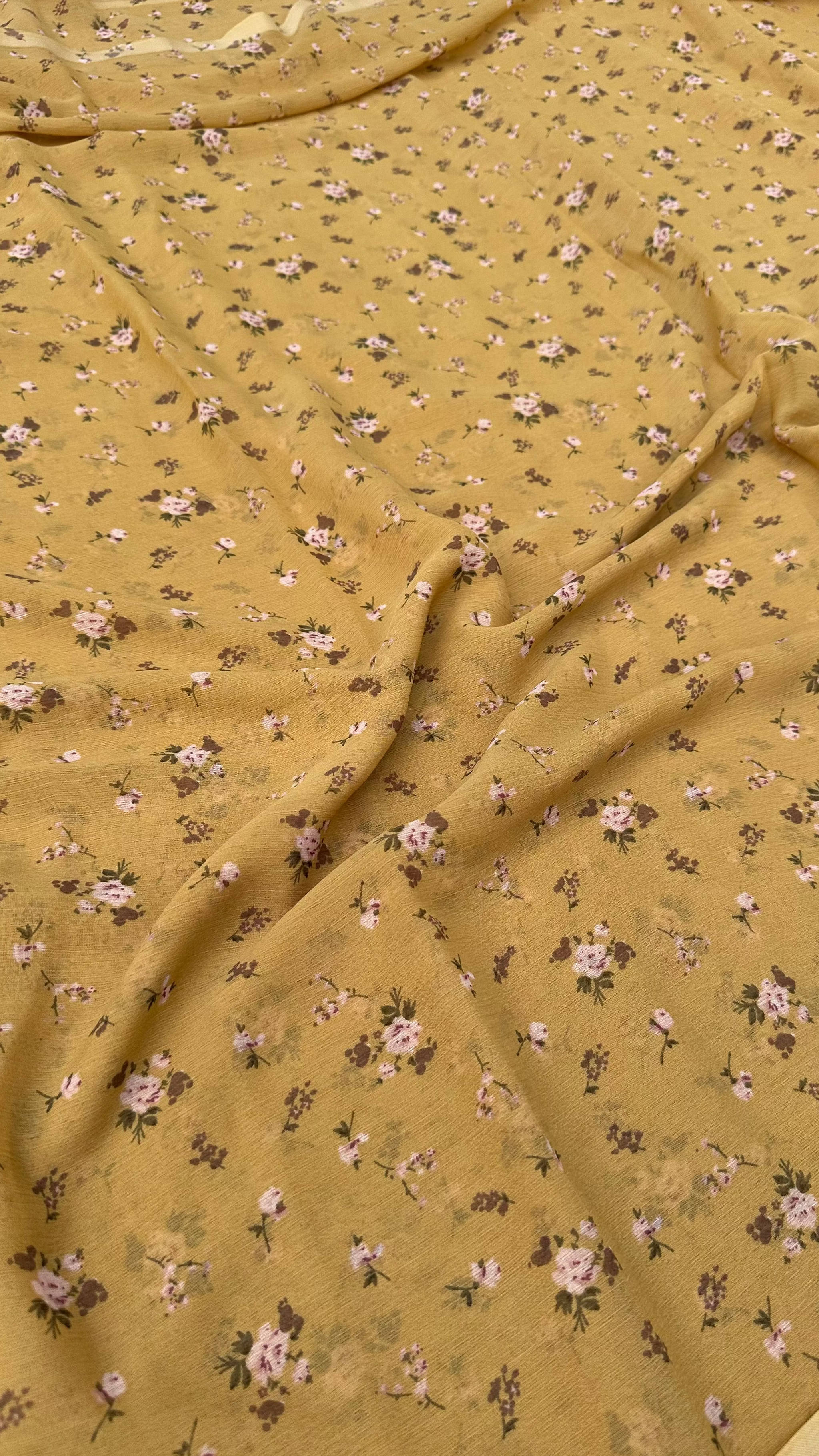 Golden Yellow With Small Floral Print Big Width Chiffon Fabric