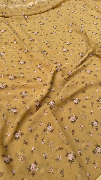Golden Yellow With Small Floral Print Big Width Chiffon Fabric