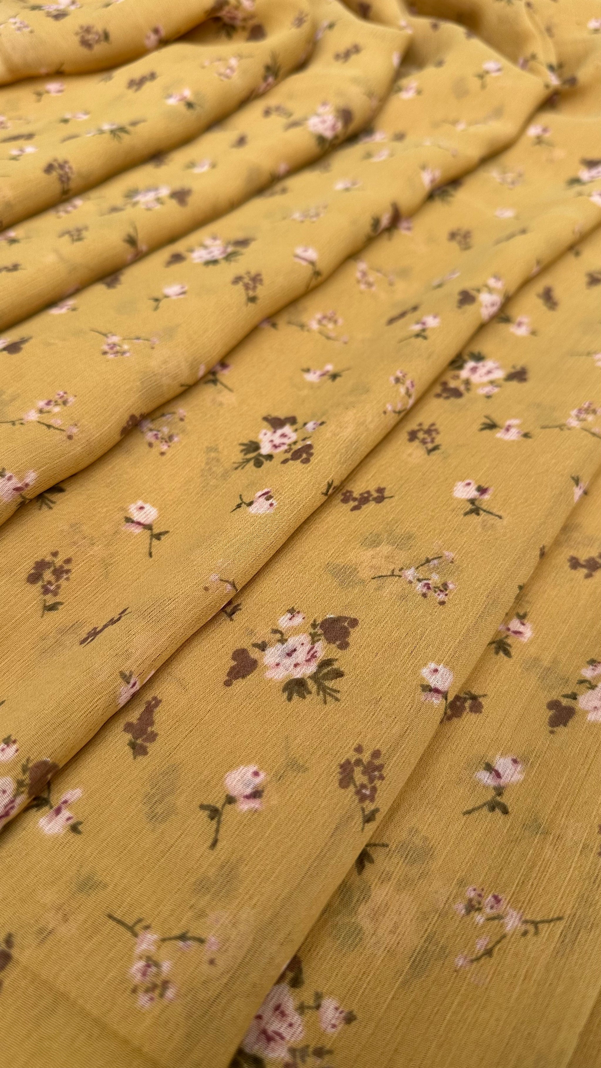 Golden Yellow With Small Floral Print Big Width Chiffon Fabric