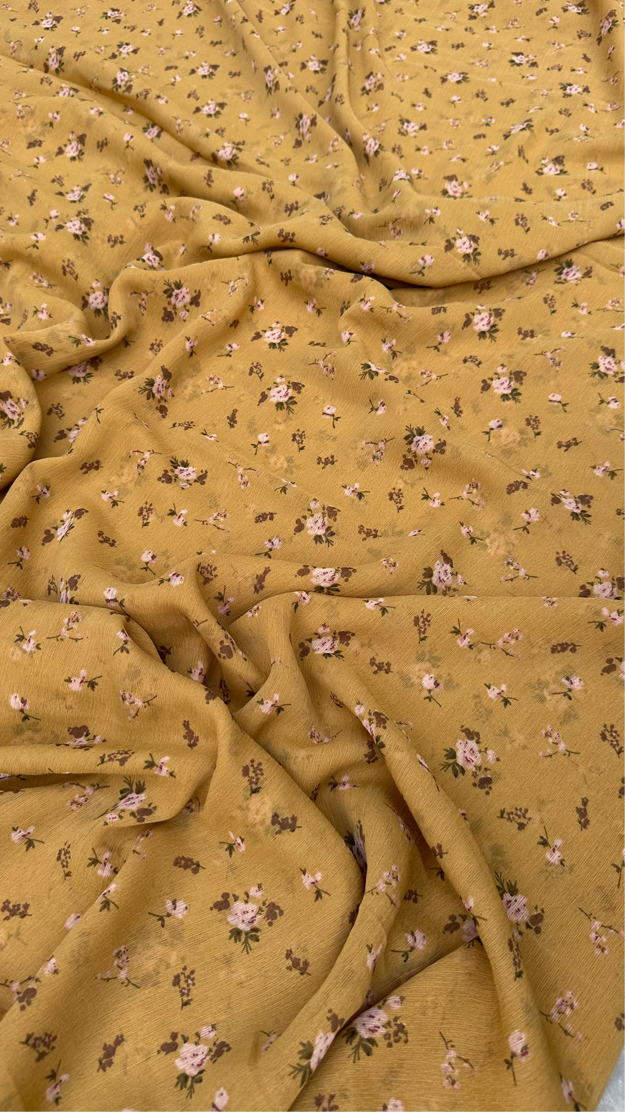Golden Yellow With Small Floral Print Big Width Chiffon Fabric