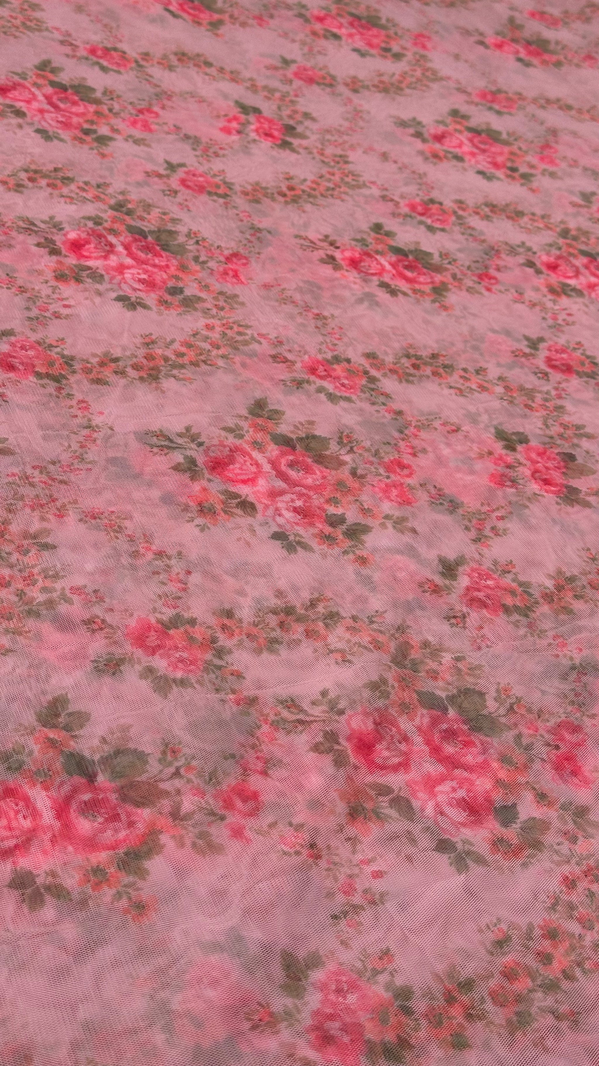 Dusty Pink Floral Print Big Width Net Fabric
