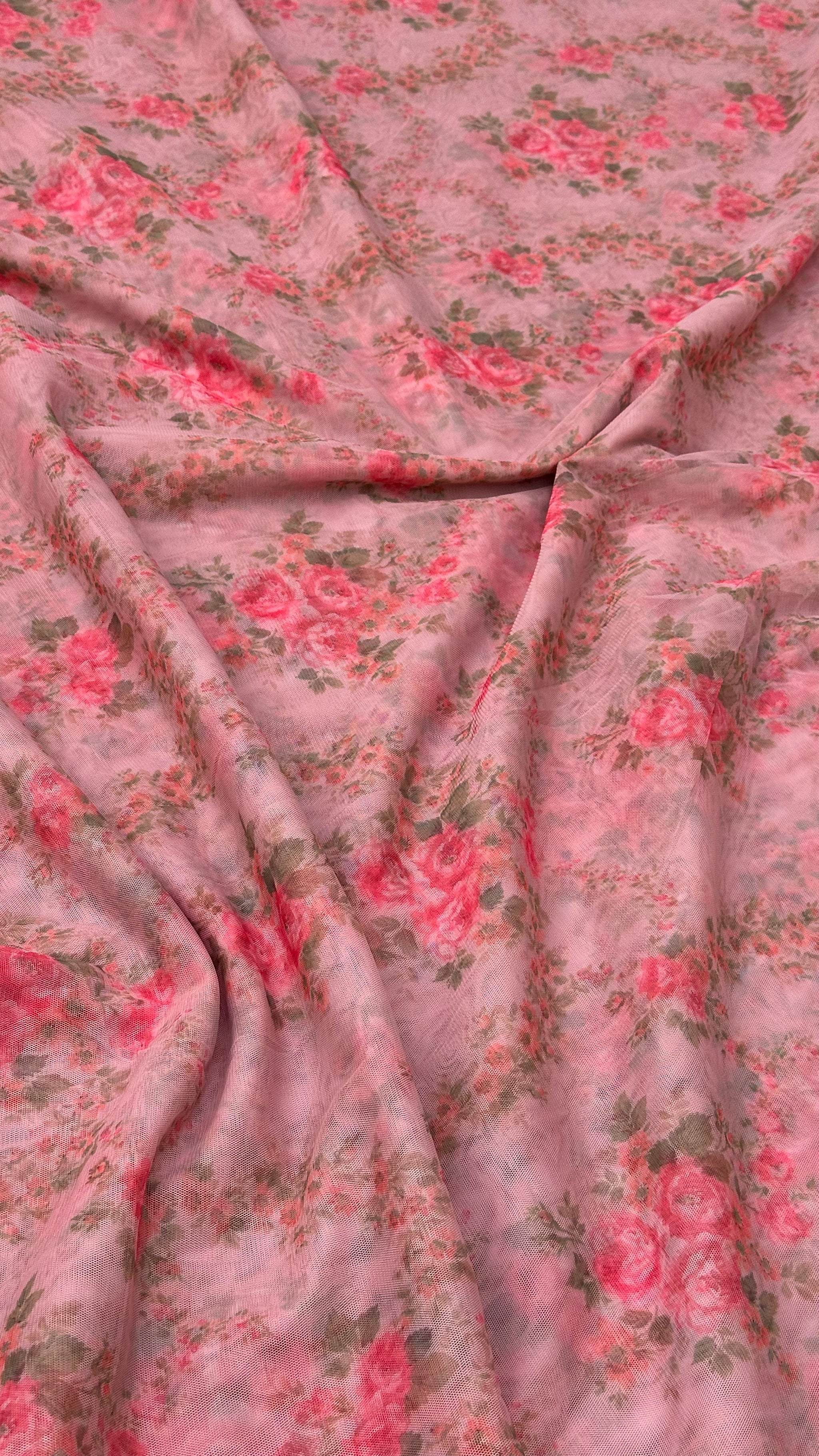 Dusty Pink Floral Print Big Width Net Fabric