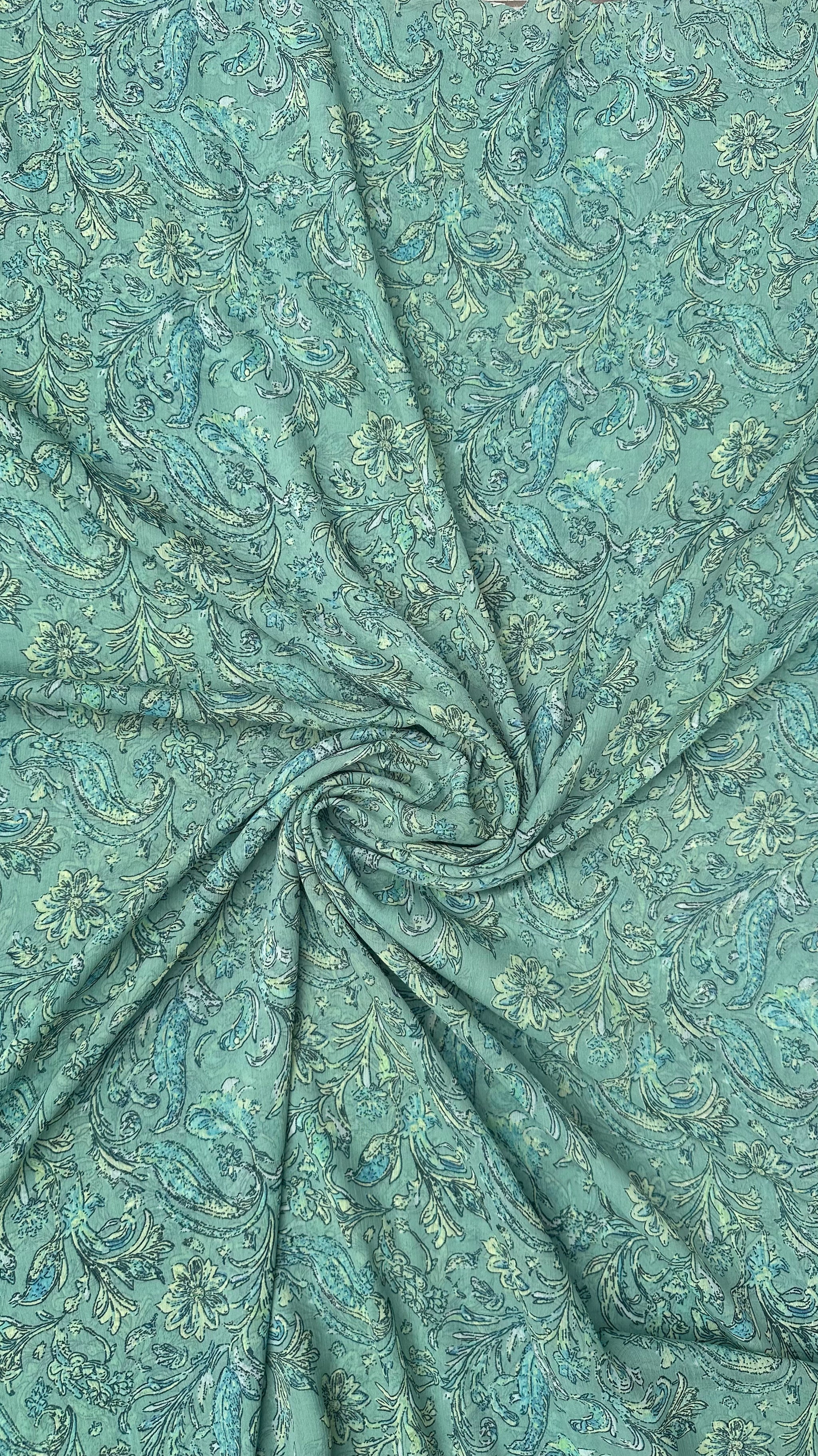Turquoise Blue With Multicolour  Floral Print Big Width Chiffon Fabric