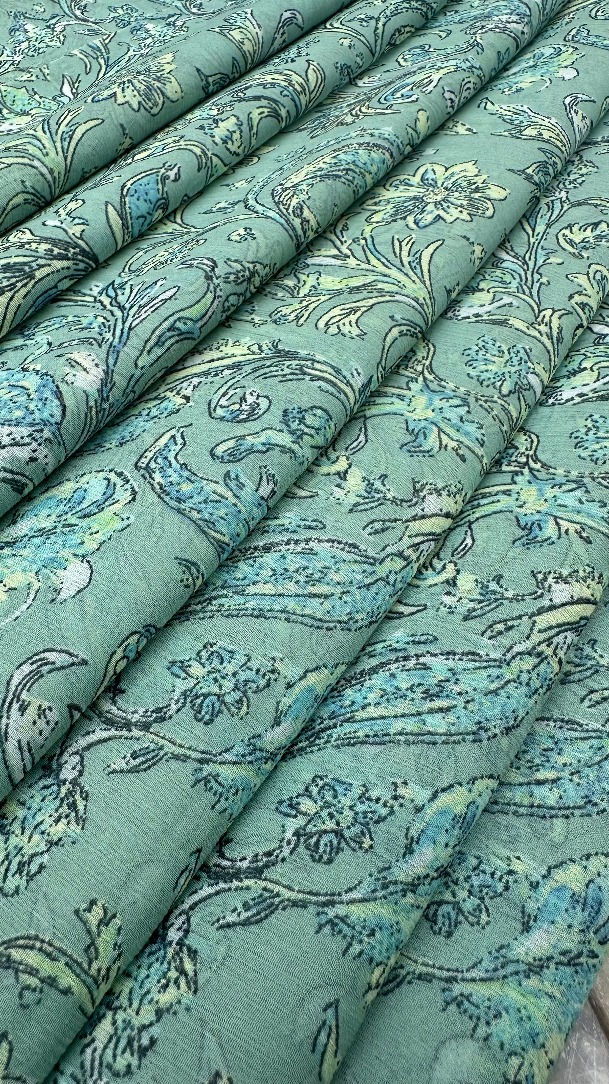 Turquoise Blue With Multicolour  Floral Print Big Width Chiffon Fabric