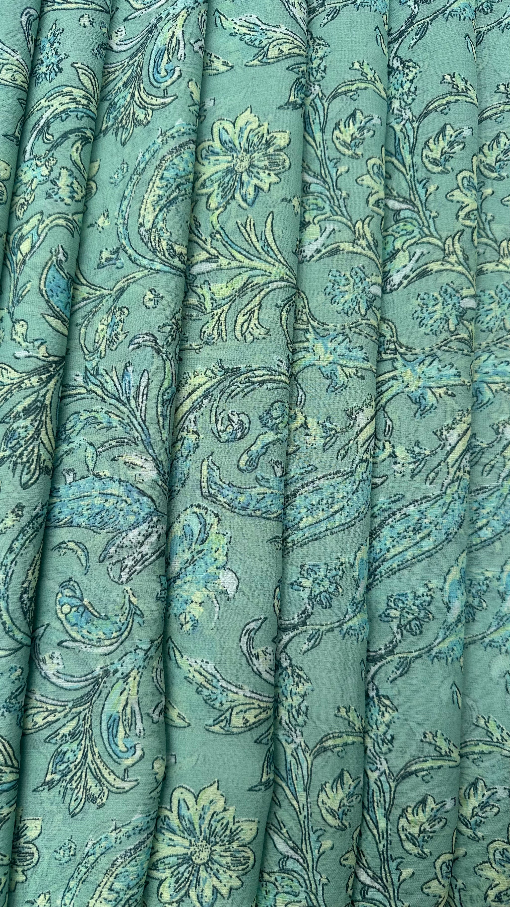 Turquoise Blue With Multicolour  Floral Print Big Width Chiffon Fabric