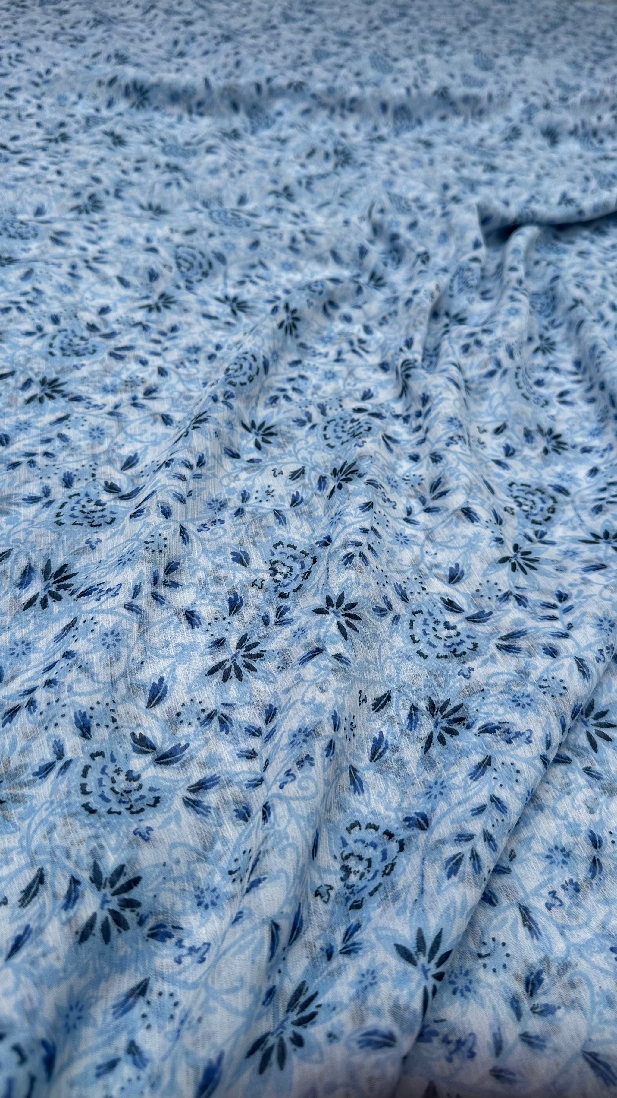 Powder Blue With Dark Blue Print Big Width Chiffon Fabric