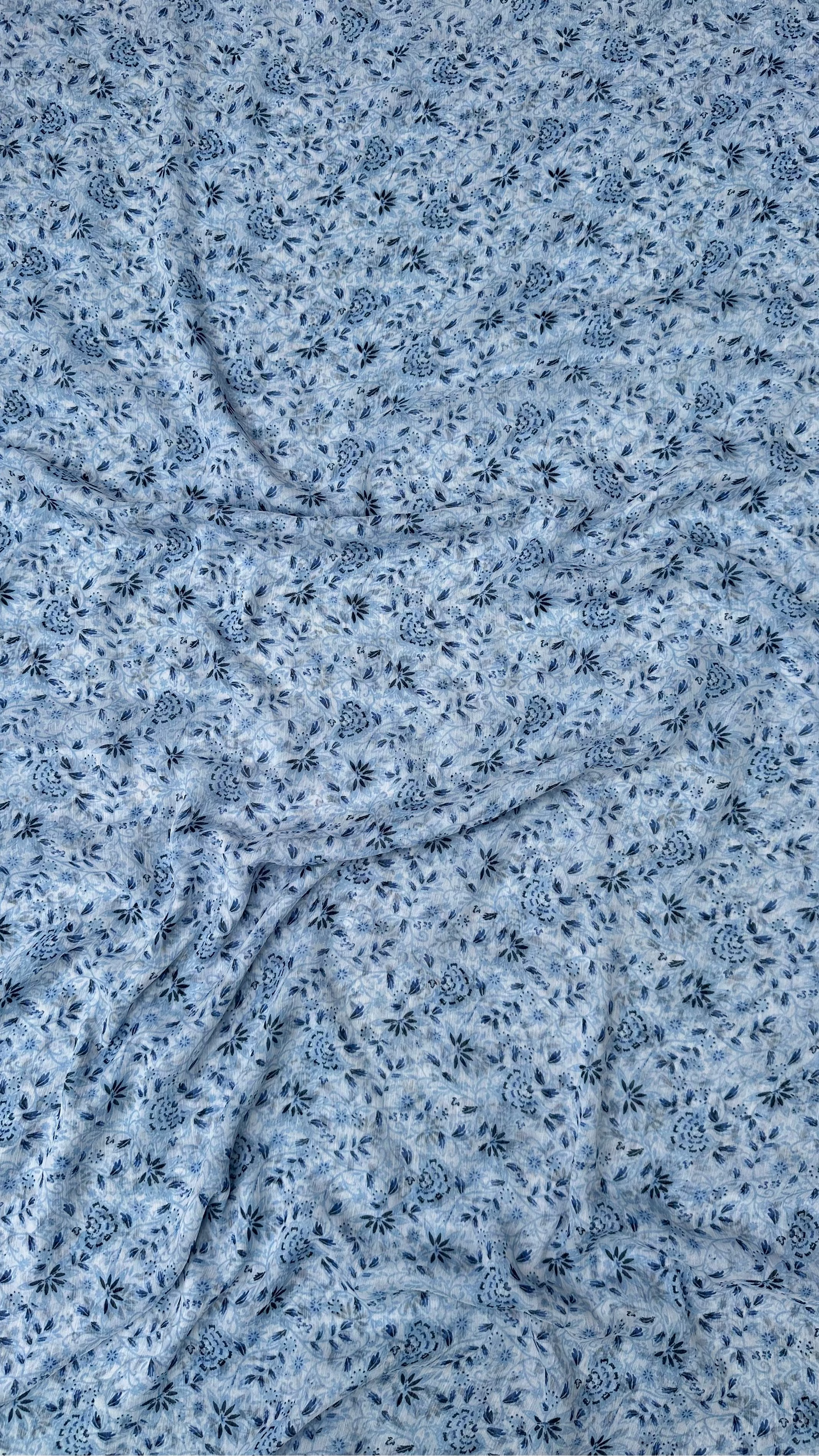 Powder Blue With Dark Blue Print Big Width Chiffon Fabric