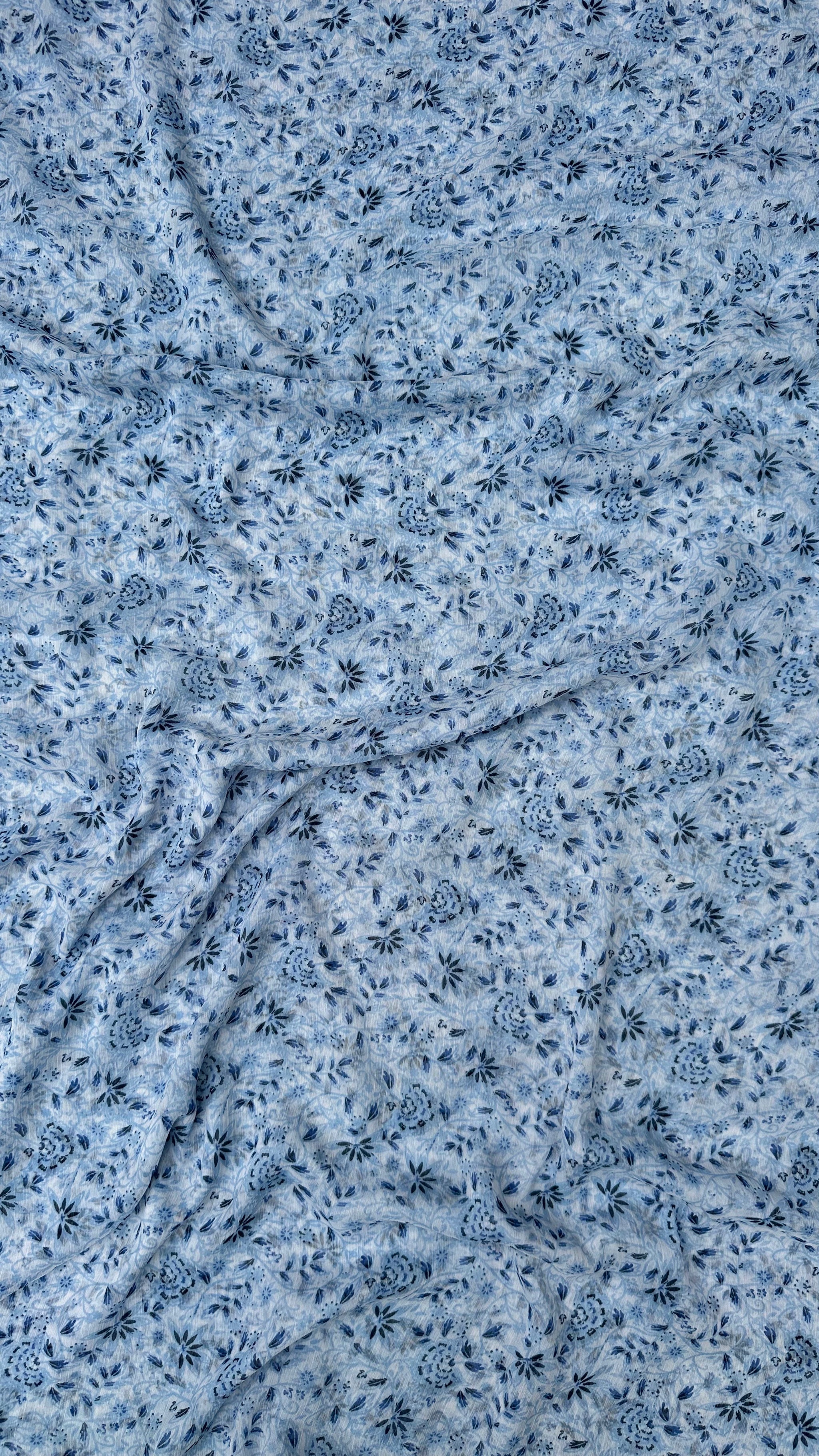 Powder Blue With Dark Blue Print Big Width Chiffon Fabric