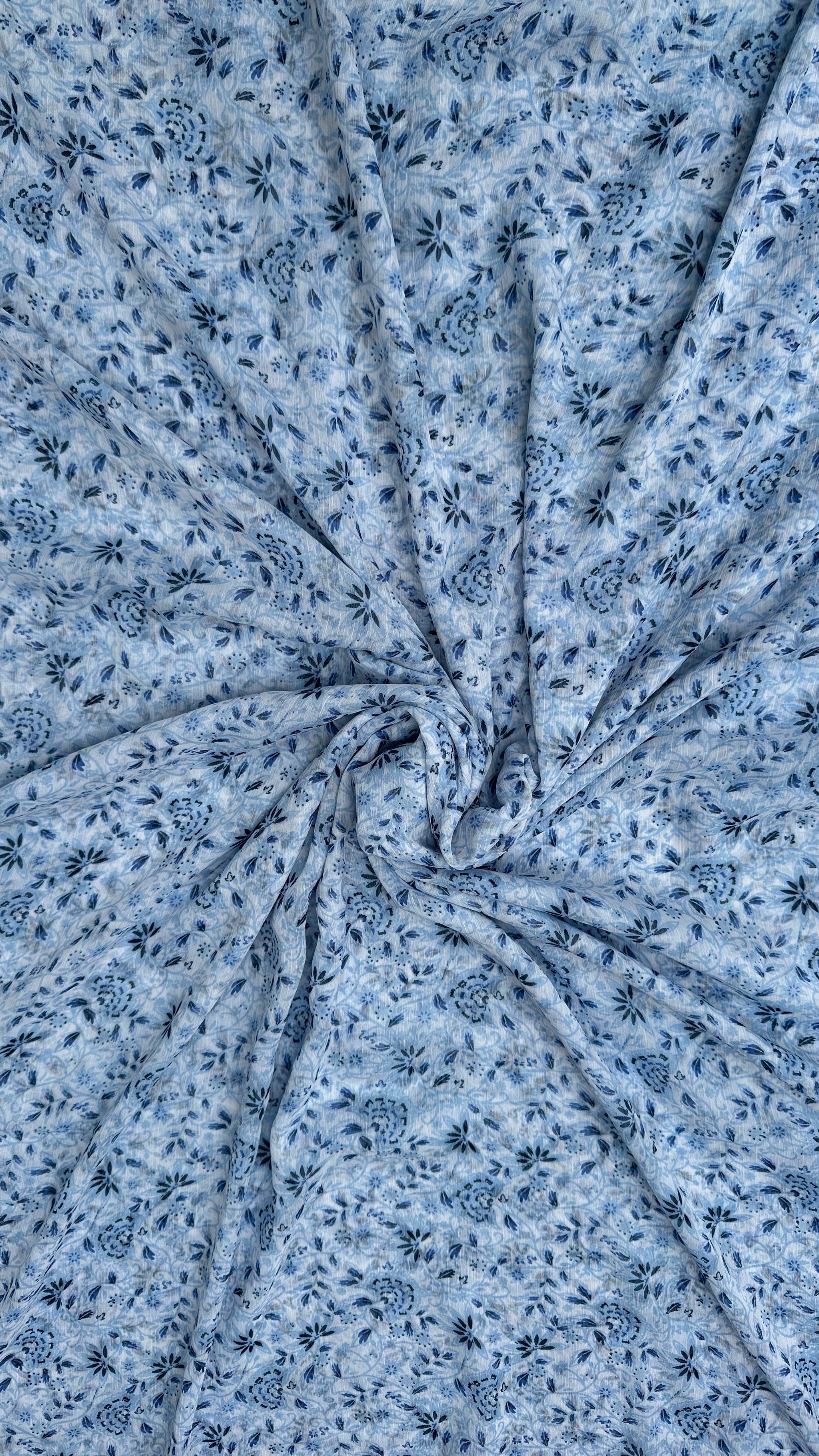 Powder Blue With Dark Blue Print Big Width Chiffon Fabric