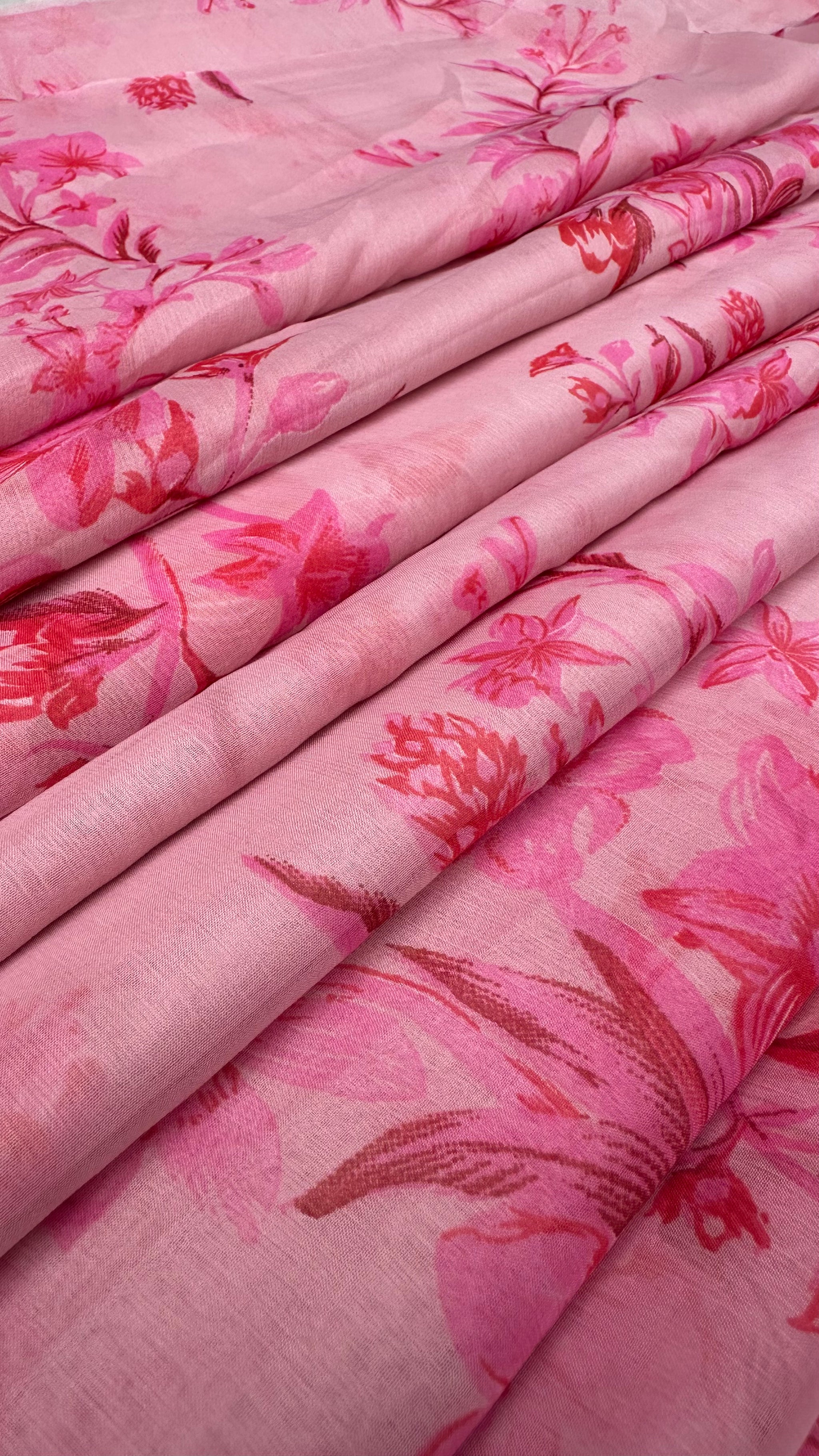 Baby Pink With Pink  Floral Print Big Width Chiffon Fabric