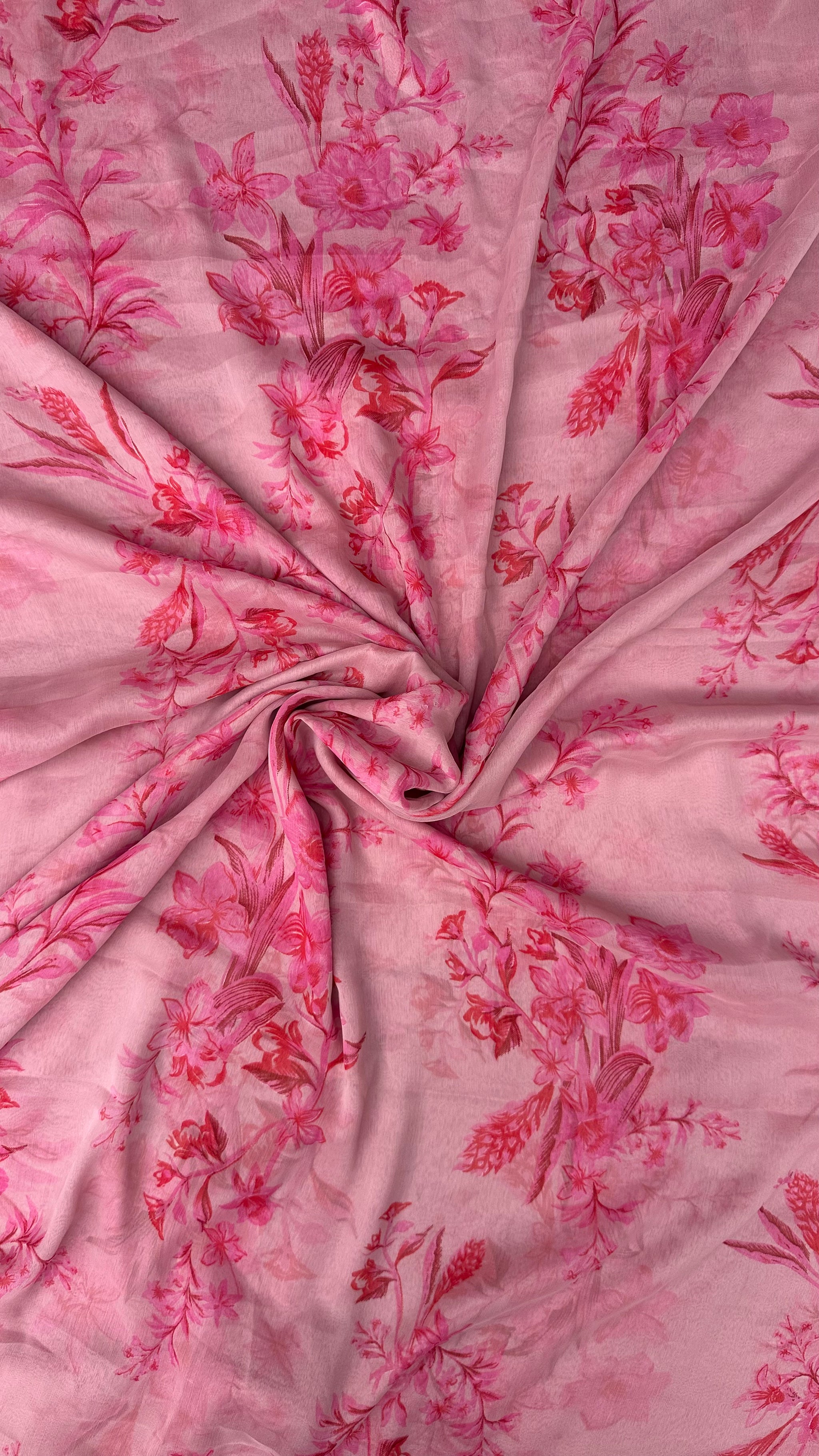 Baby Pink With Pink  Floral Print Big Width Chiffon Fabric