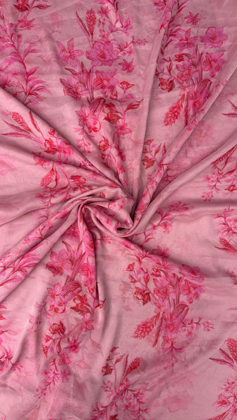 Baby Pink With Pink  Floral Print Big Width Chiffon Fabric