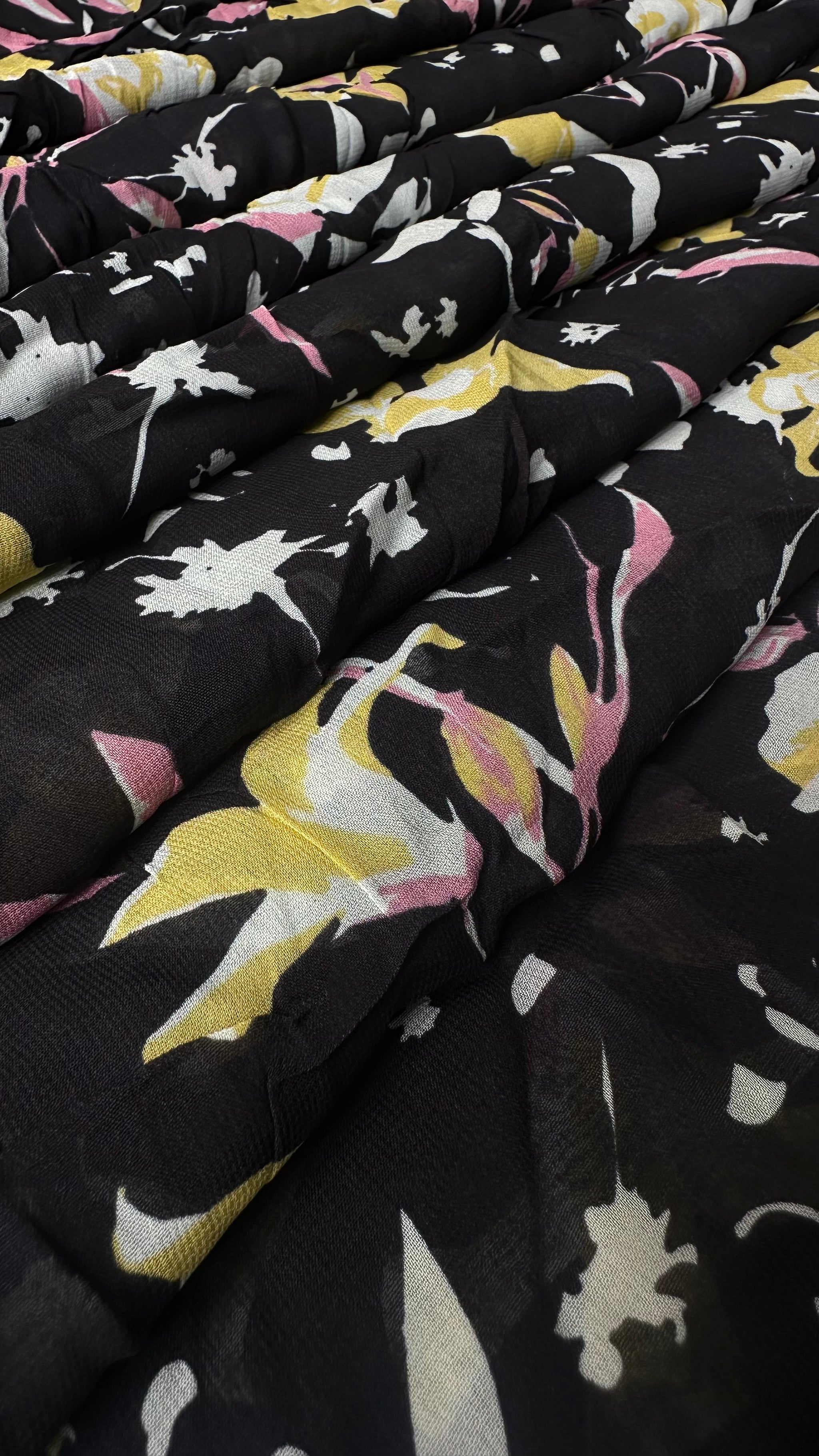 Black With Multi Colour Abstract Floral Print Normal Width Georgette Fabric