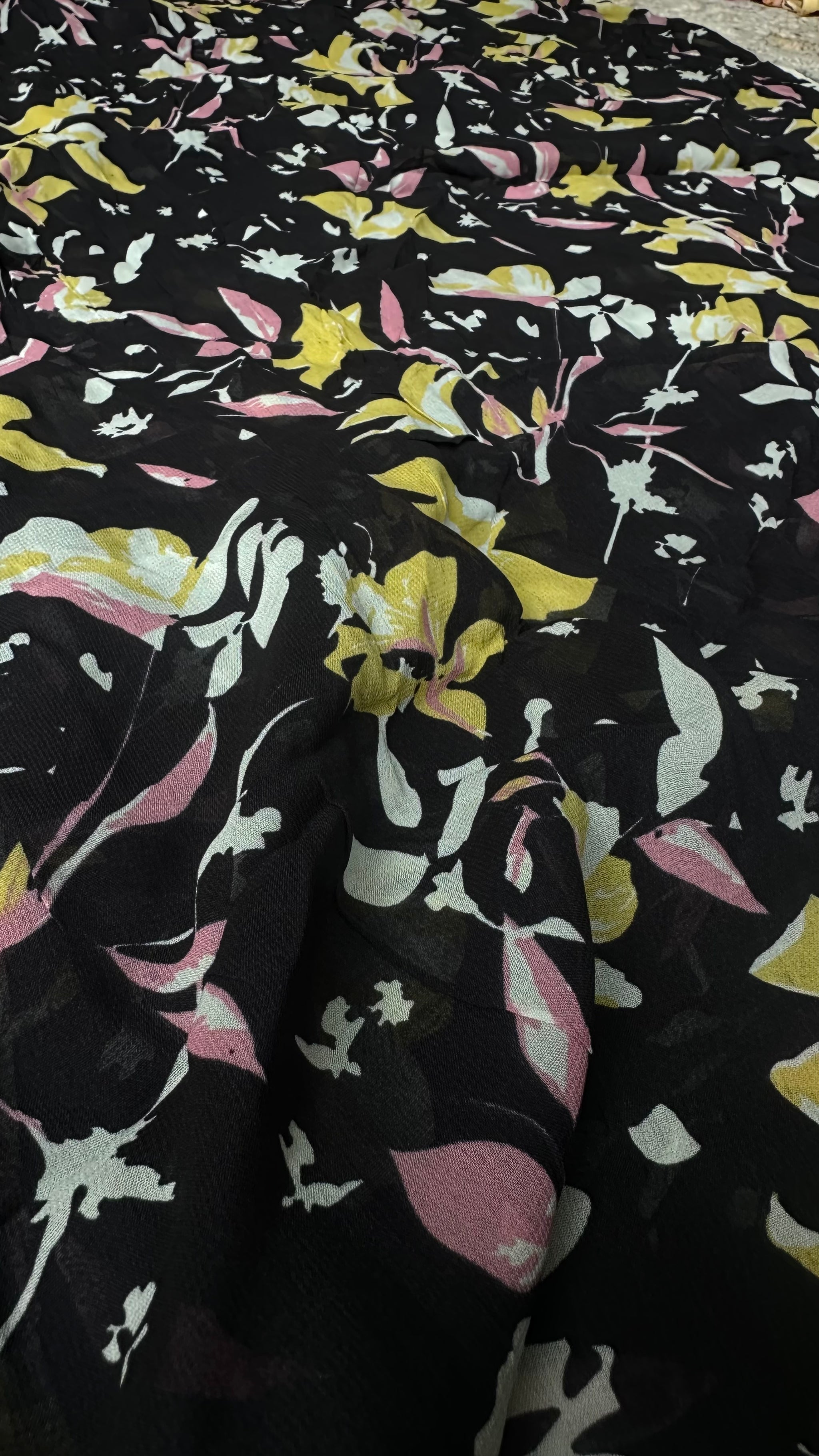 Black With Multi Colour Abstract Floral Print Normal Width Georgette Fabric