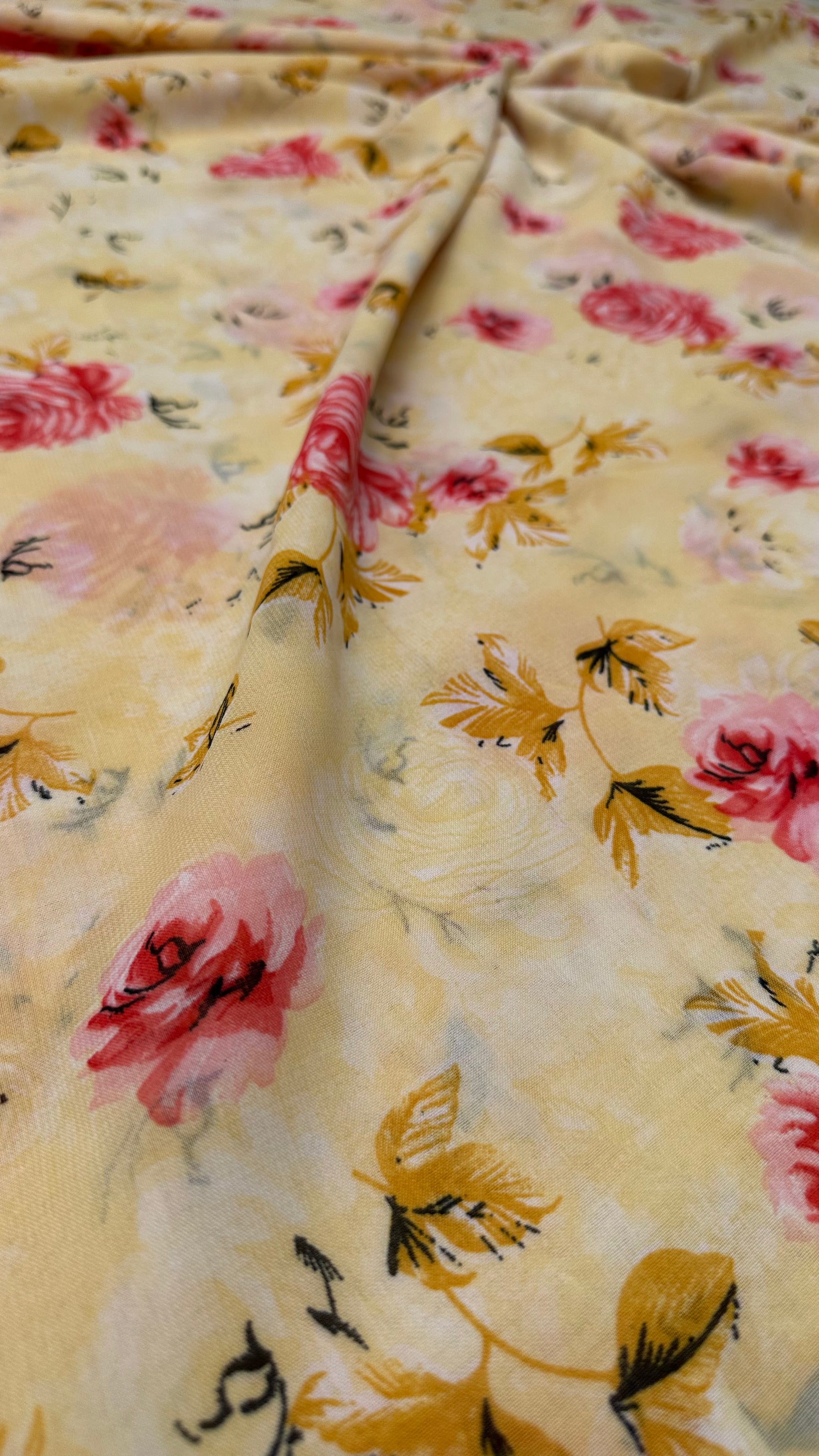 Yellow And Multi Colour Floral Print Normal Width Georgette Fabric
