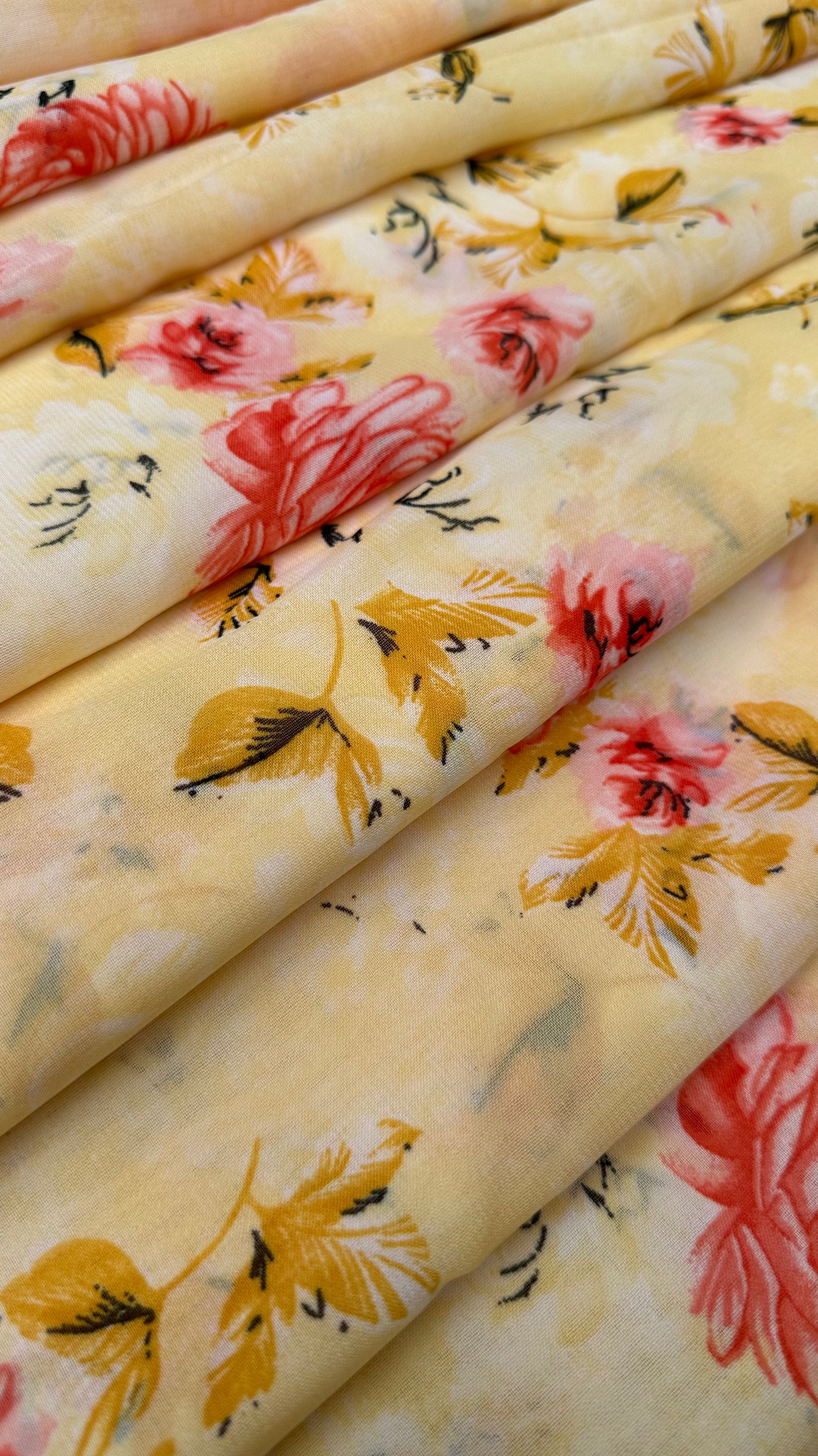 Yellow And Multi Colour Floral Print Normal Width Georgette Fabric