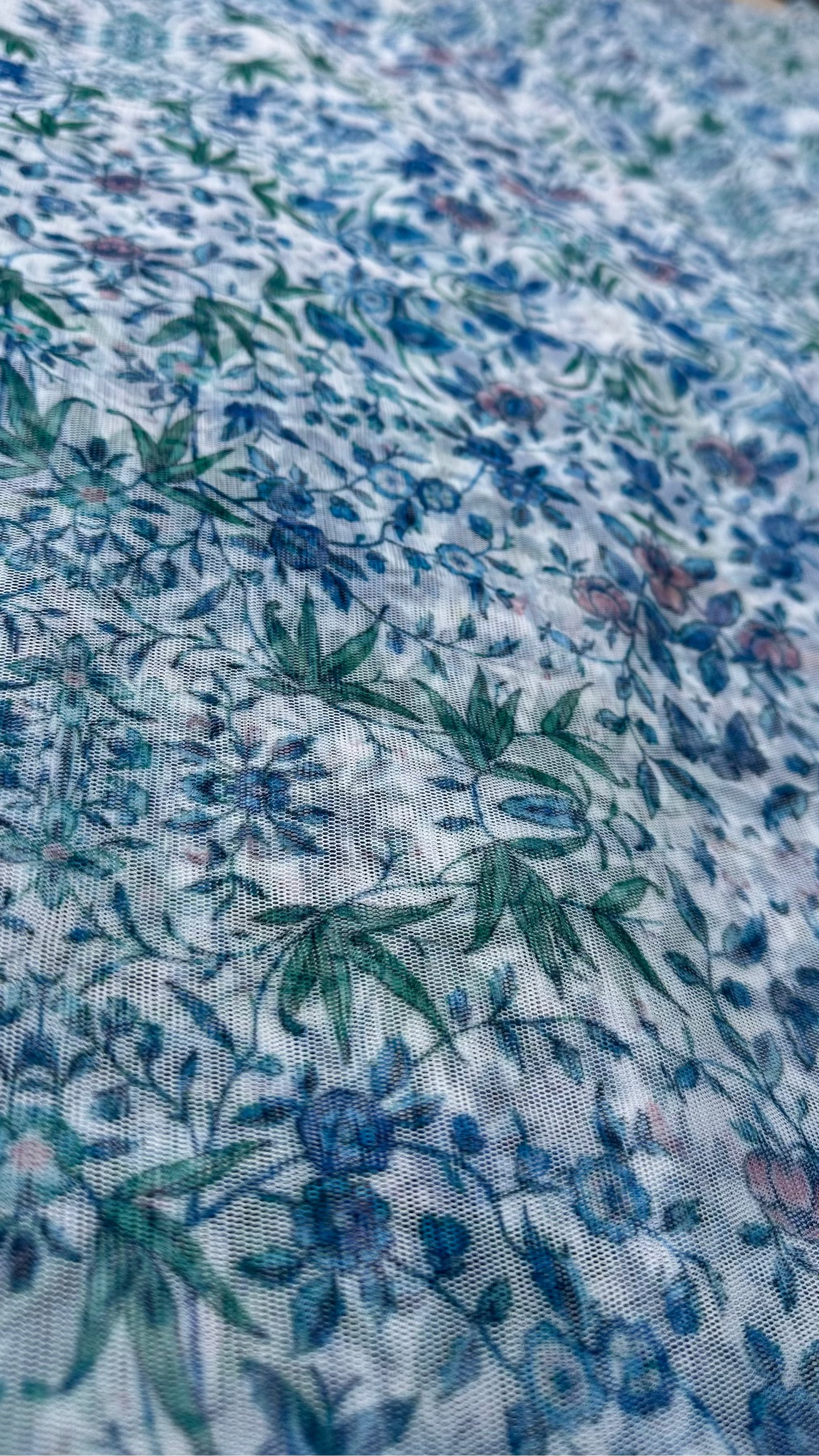 White With Blue Multi Colour Floral Print Big Width Net Fabric