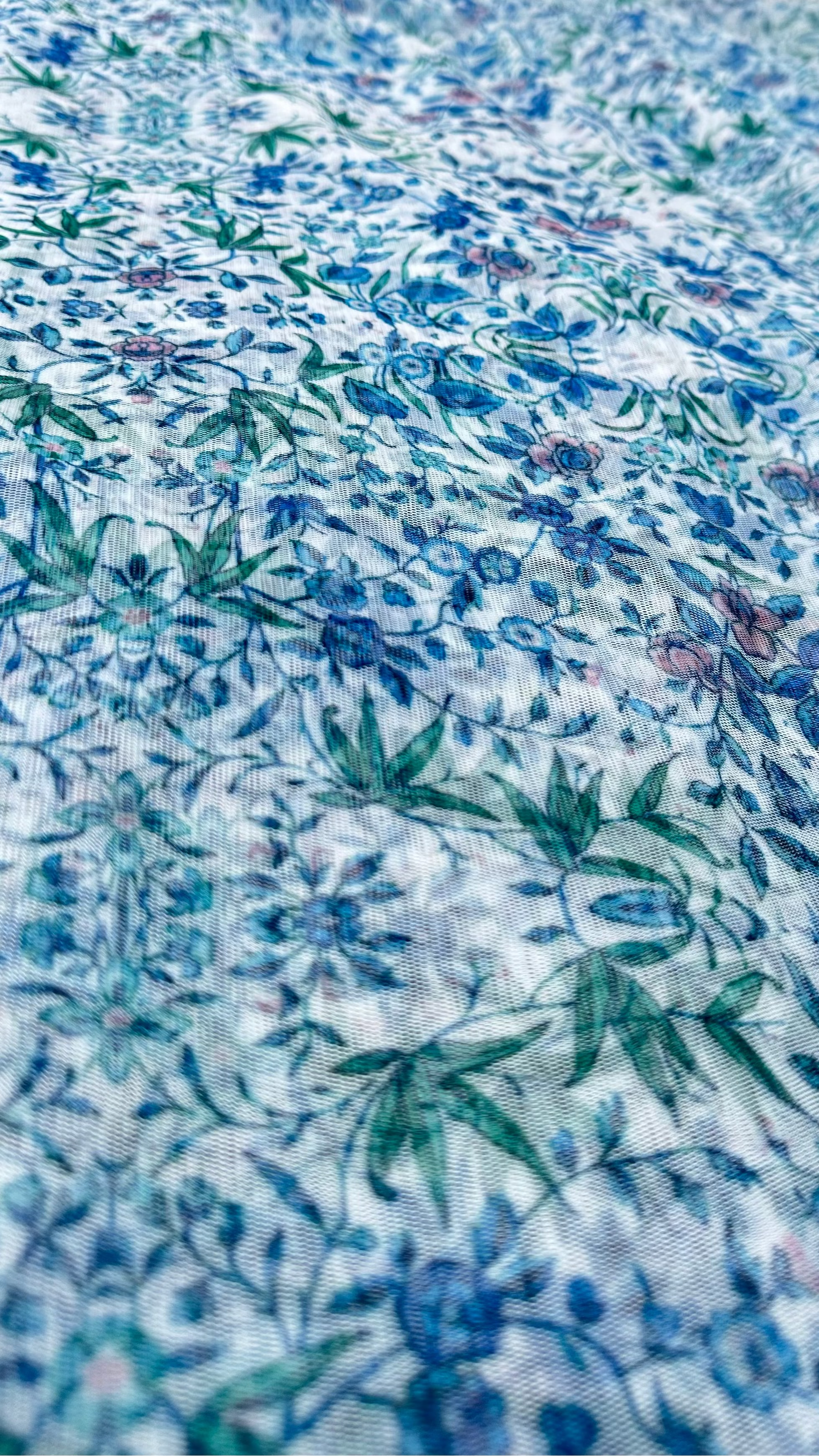 White With Blue Multi Colour Floral Print Big Width Net Fabric