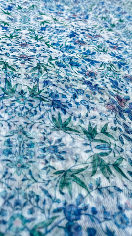 White With Blue Multi Colour Floral Print Big Width Net Fabric