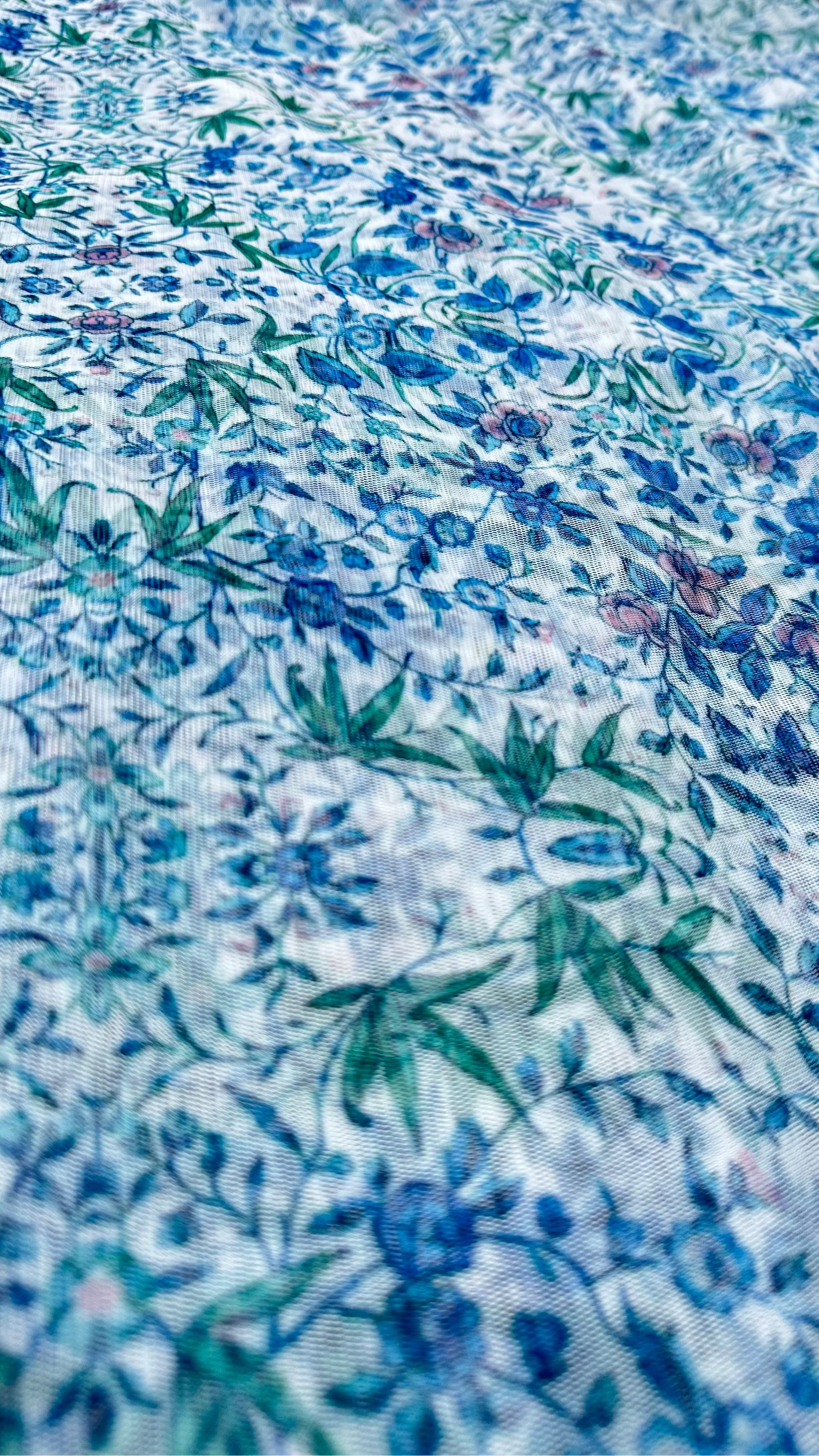 White With Blue Multi Colour Floral Print Big Width Net Fabric