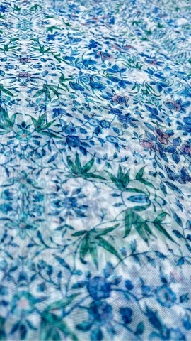 White With Blue Multi Colour Floral Print Big Width Net Fabric