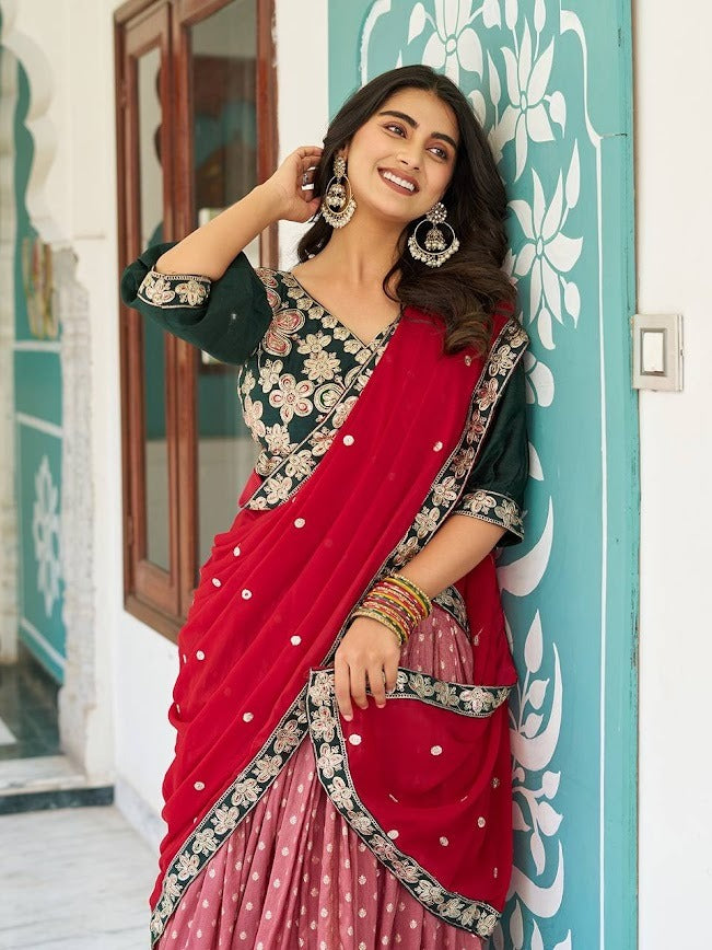 Peacock Motif Mauve Lehenga with Designer Embroidered Green Blouse and Red Dupatta