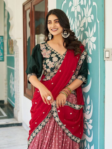Peacock Motif Mauve Lehenga with Designer Embroidered Green Blouse and Red Dupatta