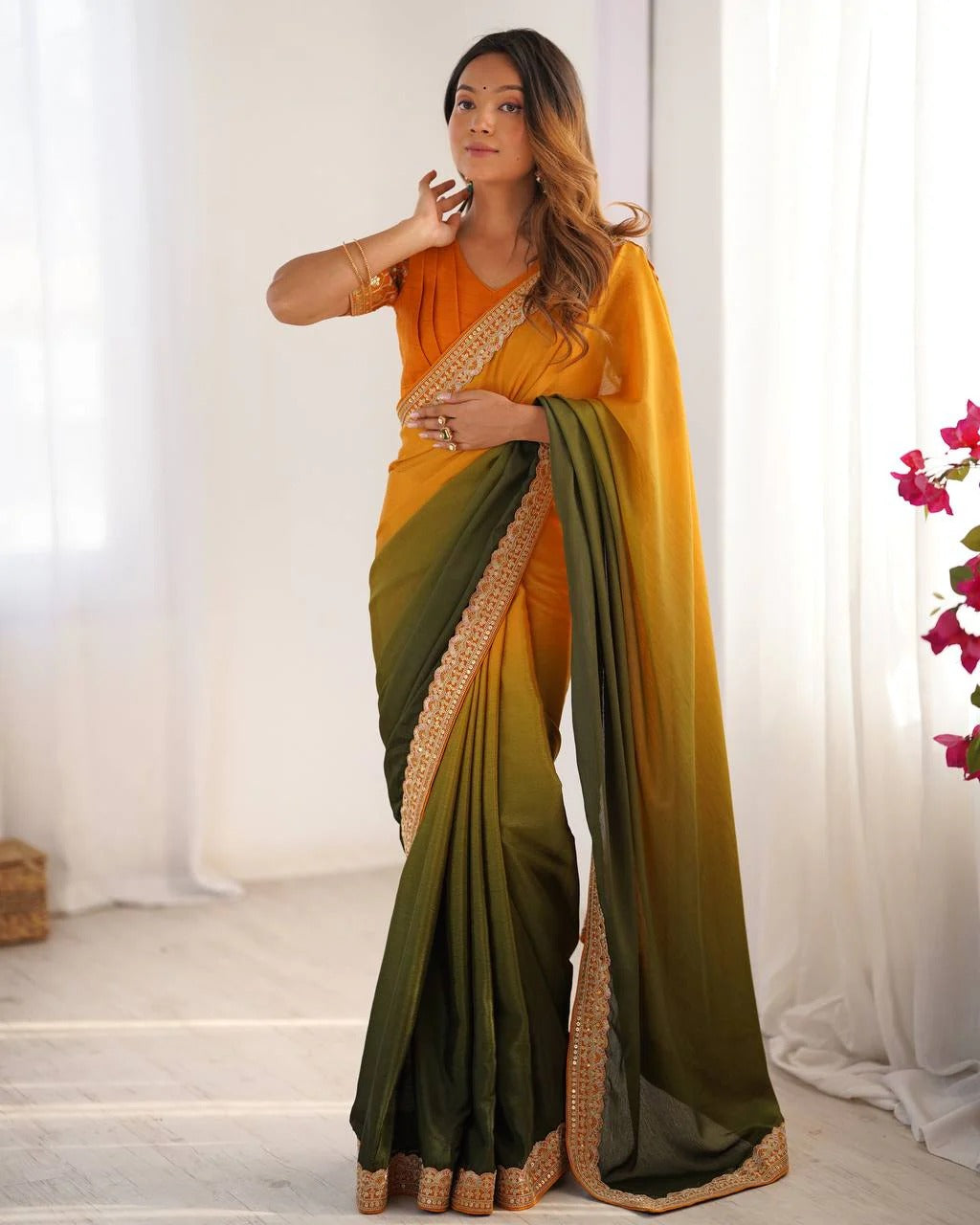 Ombre Orange-Green Saree with Sequin Embellished Border