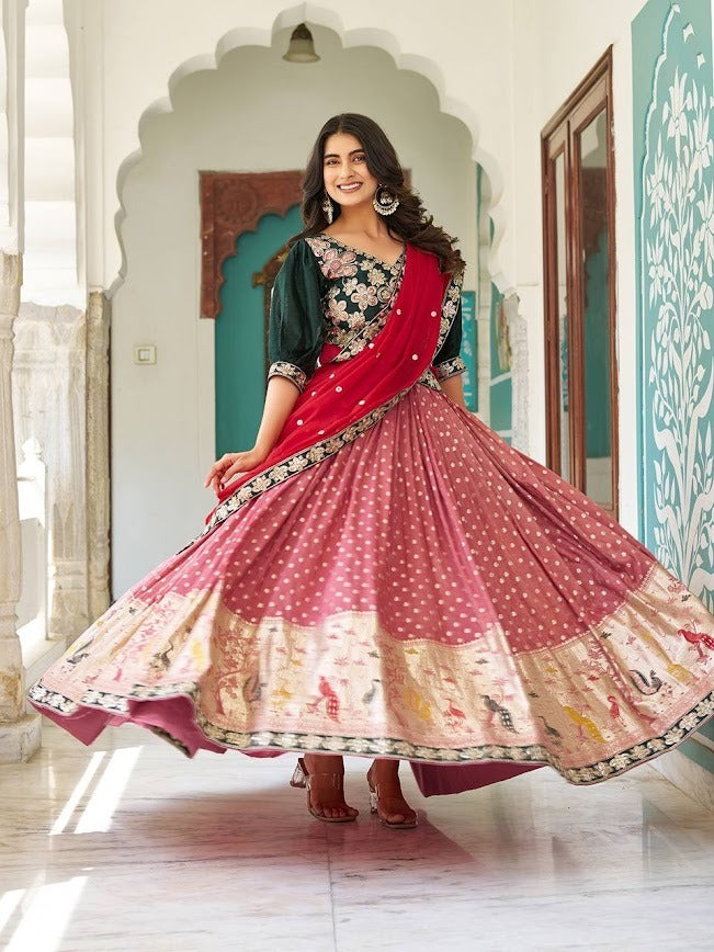Peacock Motif Mauve Lehenga with Designer Embroidered Green Blouse and Red Dupatta