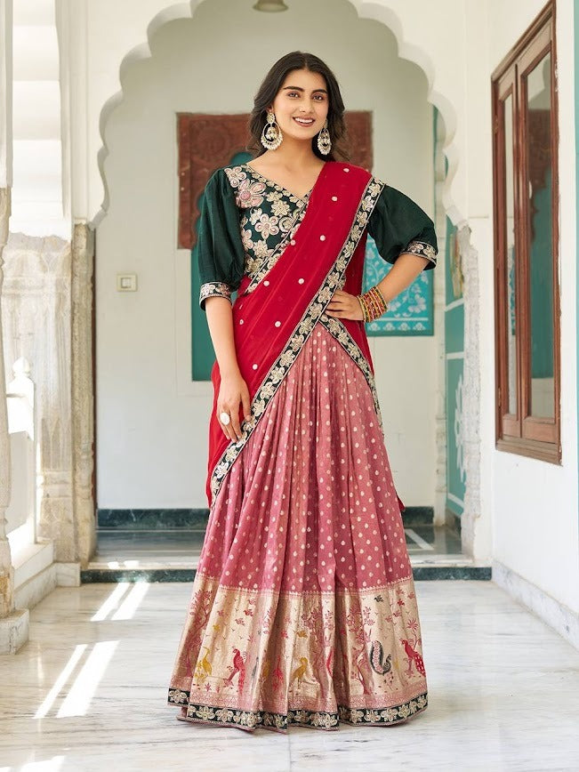 Peacock Motif Mauve Lehenga with Designer Embroidered Green Blouse and Red Dupatta