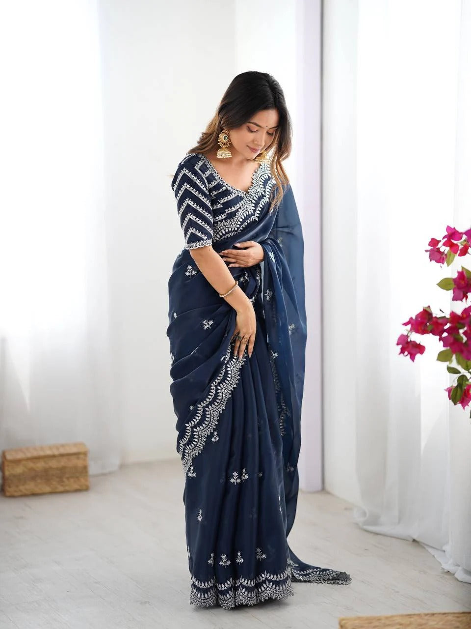 Navy Blue Saree with Intricate Thread Work