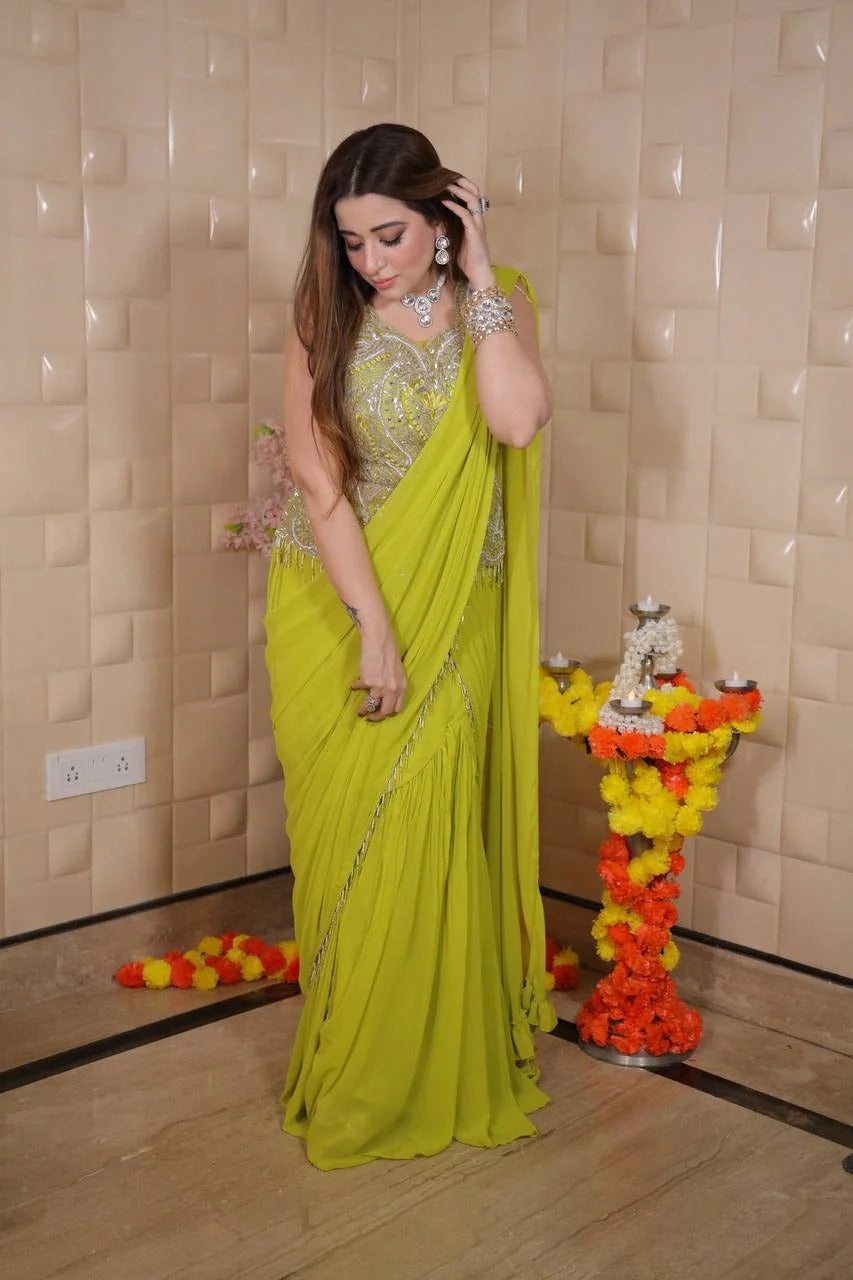 Designer Pre-Draped Lime Green Saree with Heavily Embellished Blouse