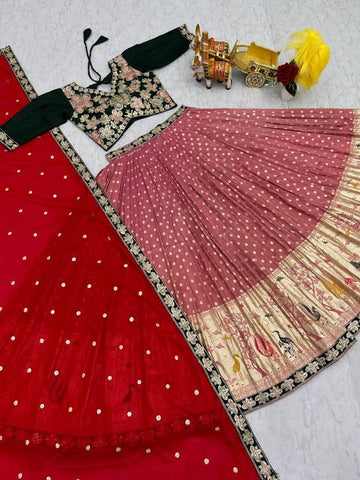 Peacock Motif Mauve Lehenga with Designer Embroidered Green Blouse and Red Dupatta