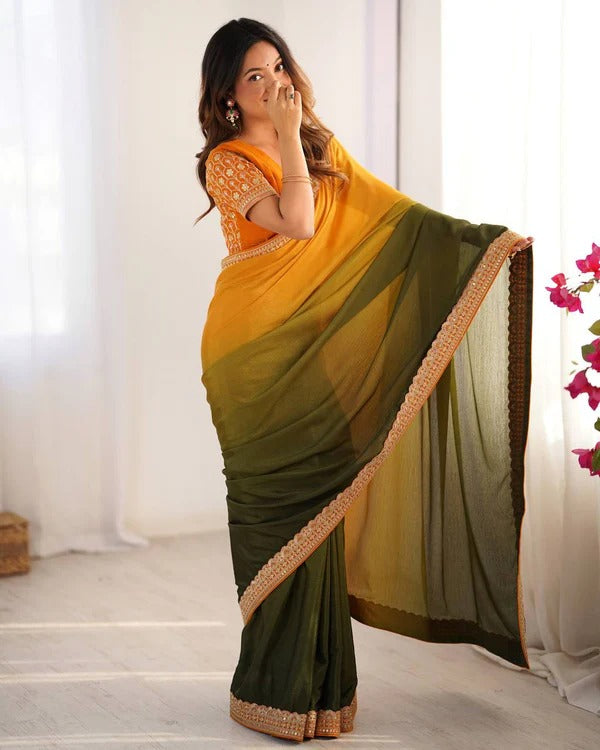 Ombre Orange-Green Saree with Sequin Embellished Border