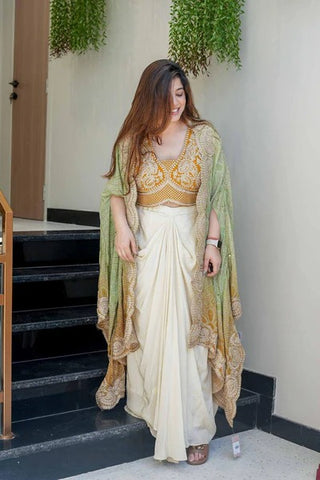 Ivory Pre-Draped Saree Set with Mustard Blouse & Green Ombre Dupatta