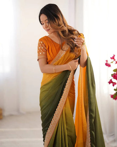 Ombre Orange-Green Saree with Sequin Embellished Border