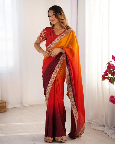 Elegant Red and Yellow Ombre Silk Saree with Embroidered Border